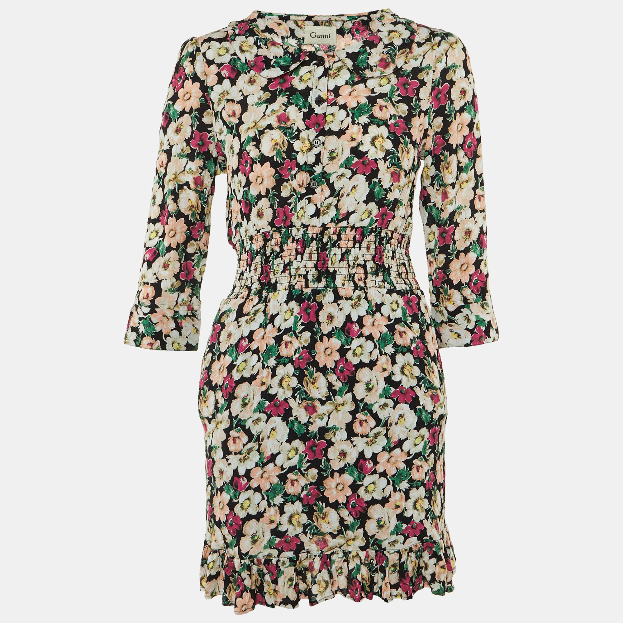

Ganni Black Floral Print Crepe Flounce Hem Dress L