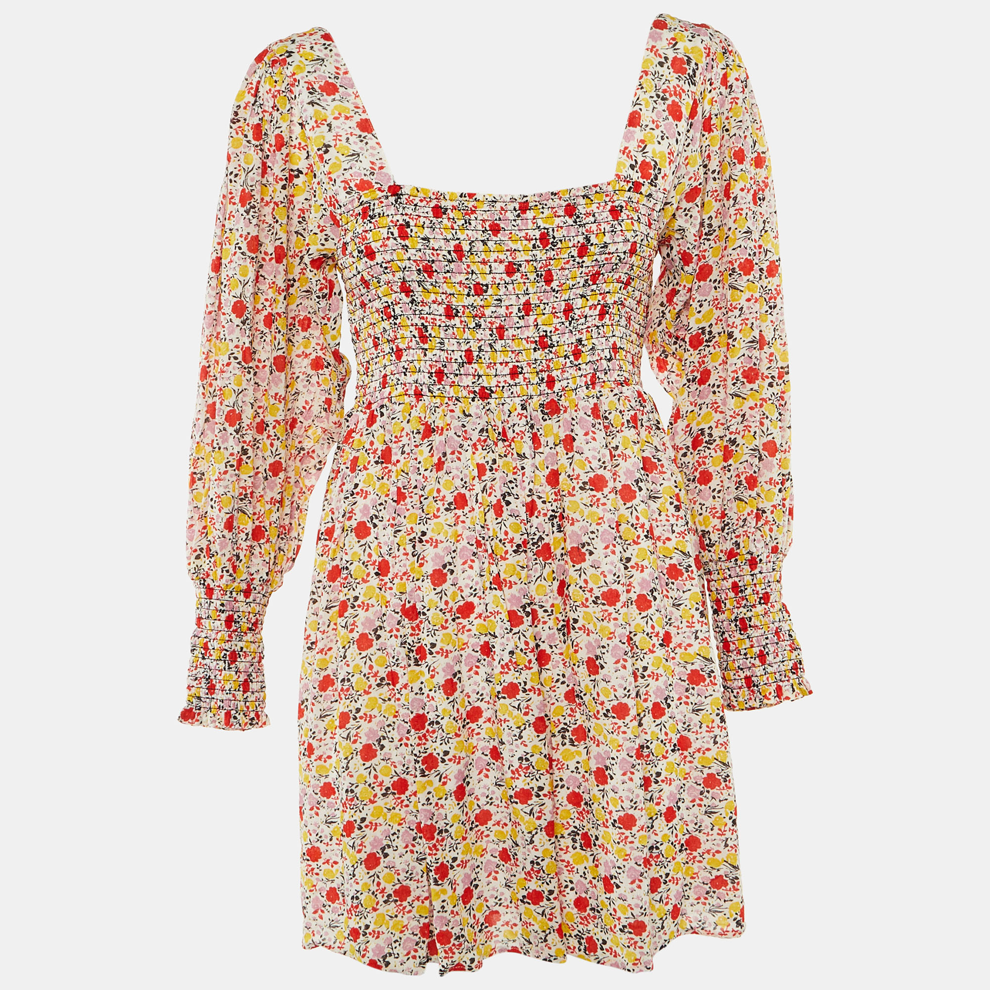 Pre-owned Ganni White Floral Print Crepe Mini Dress L