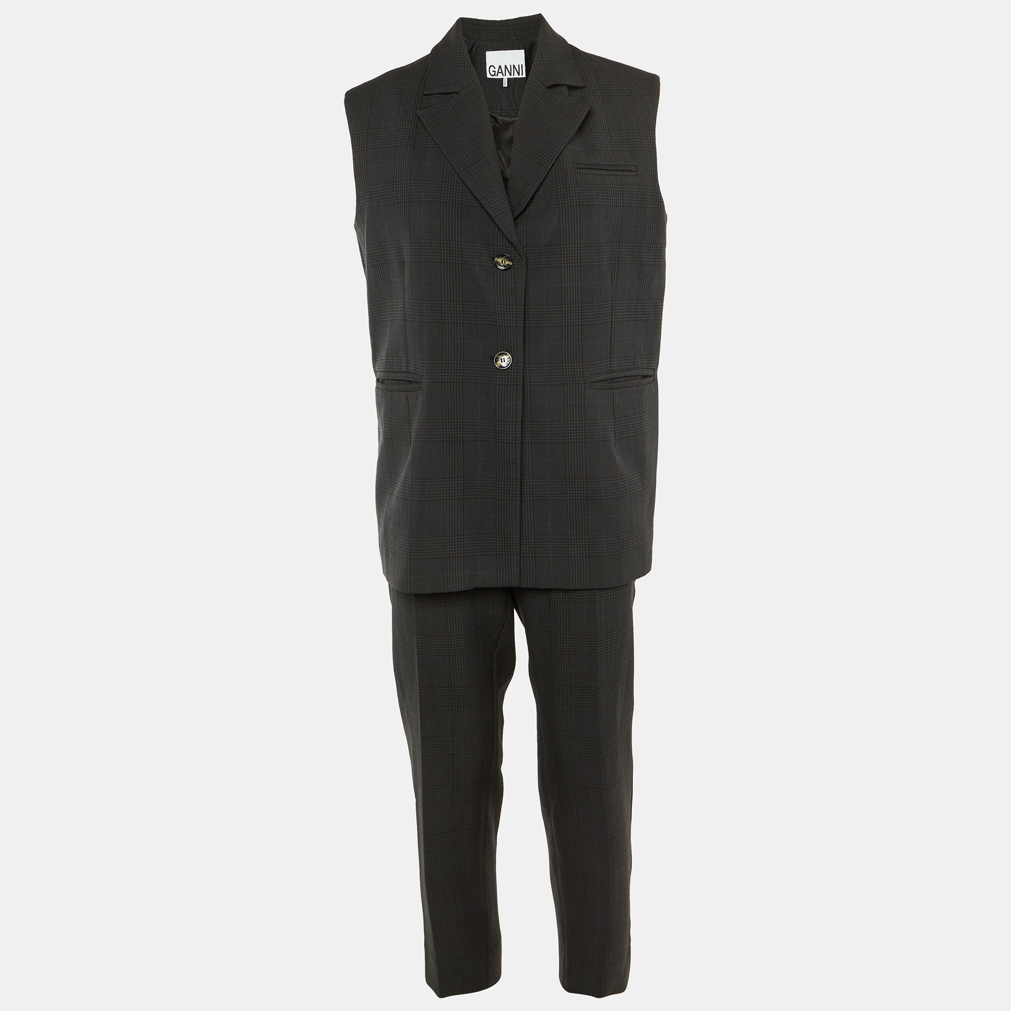 Pre-owned Ganni Grey Patterned Crepe Vest & Pants Suit Xxs/xs/l In Gray