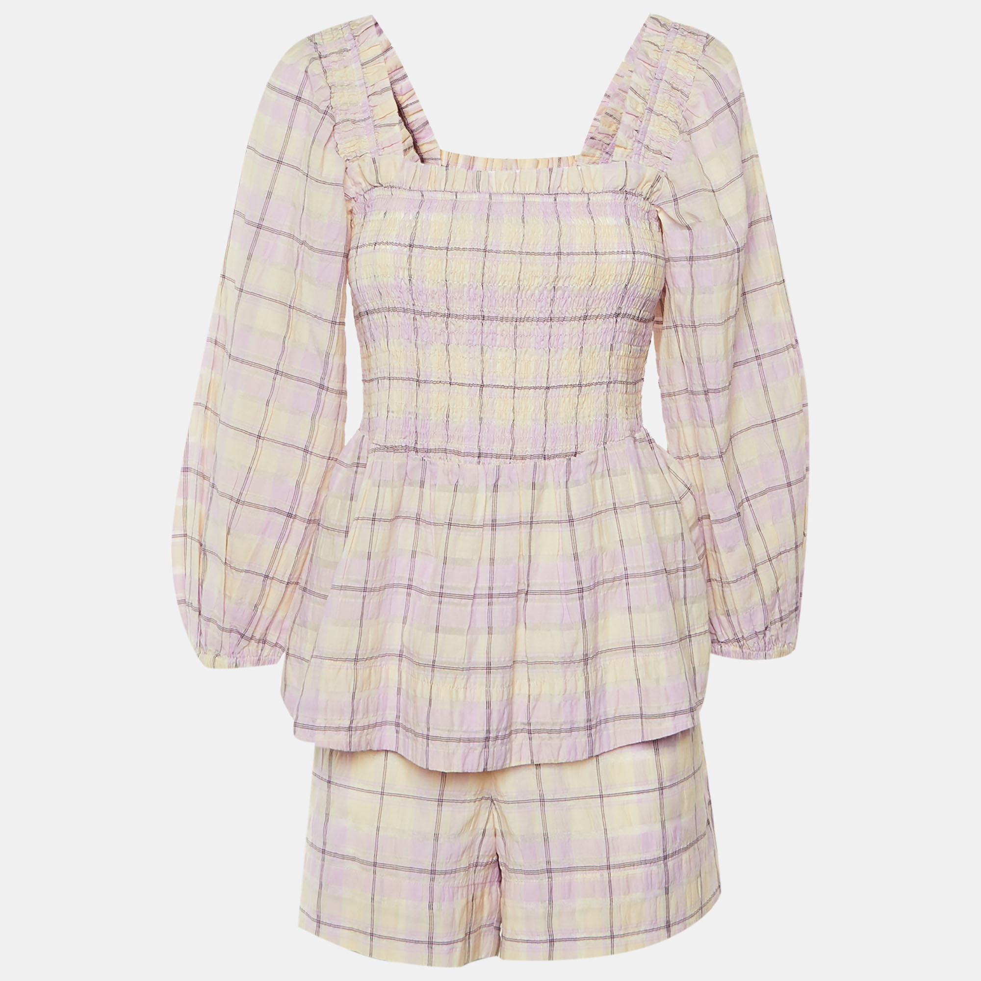 

Ganni Lilac Checked Cotton Peplum Top & Shorts Set M/L, Purple