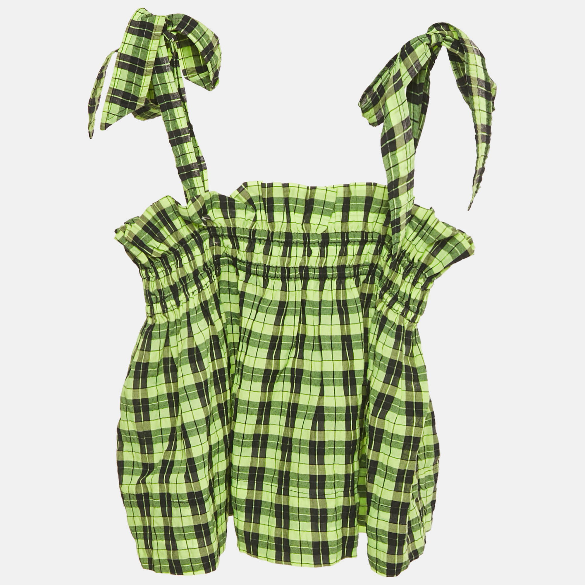 

Ganni Neon Green/Black Checks Cotton Blend Shirring Top S