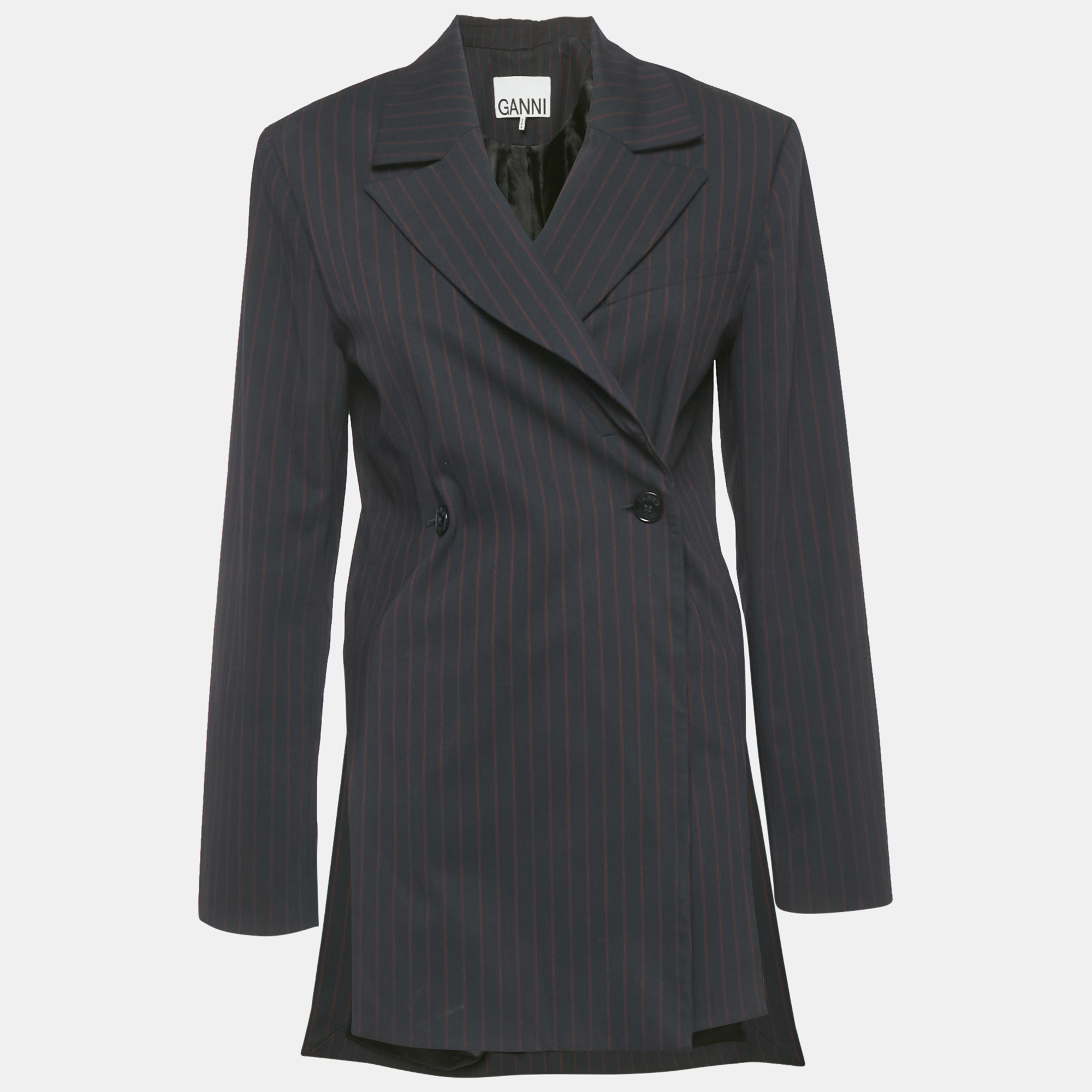 

Ganni Navy Blue Asymmetric Pinstriped Twill Blazer S