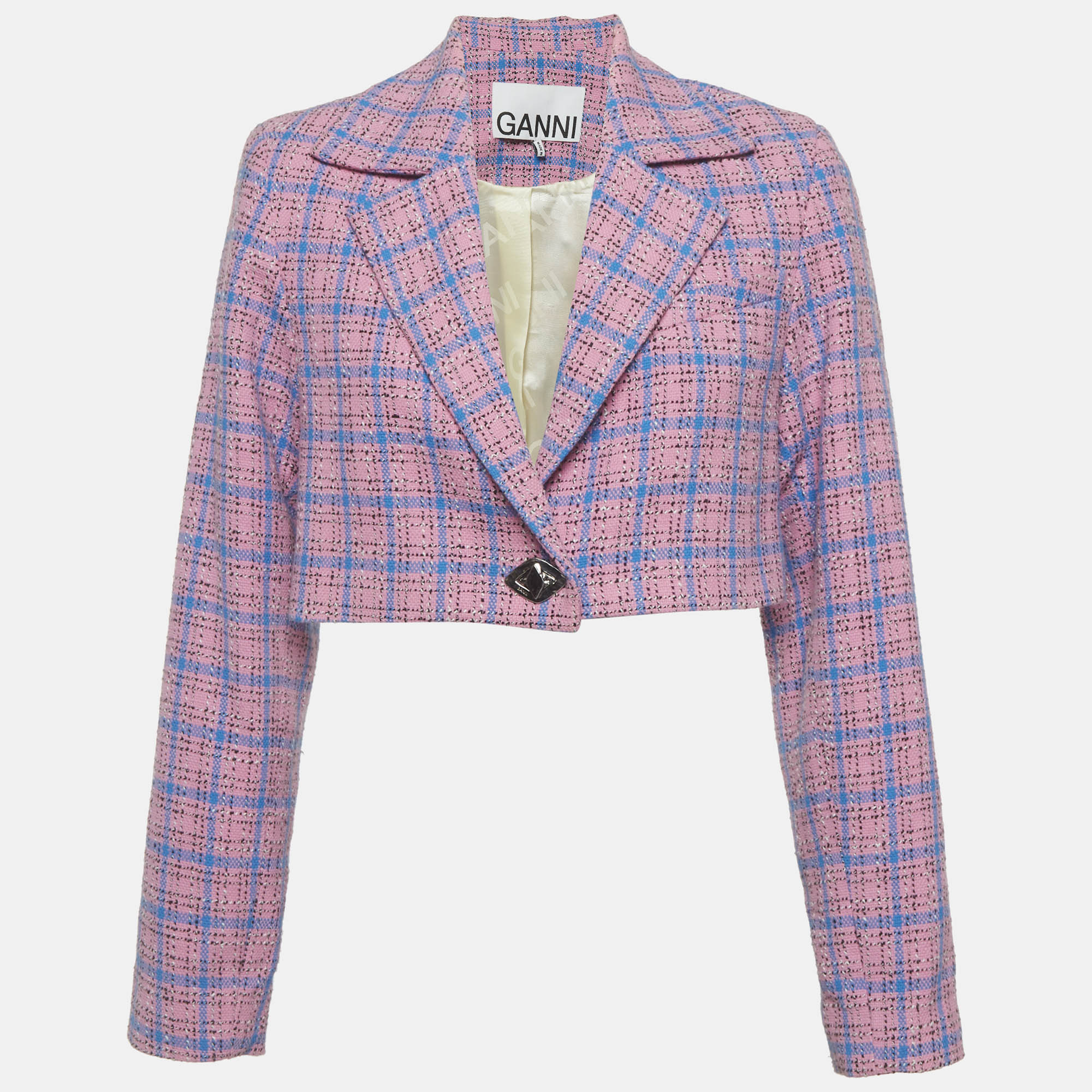 

Ganni Pink/Blue Tweed Check Cropped Blazer S
