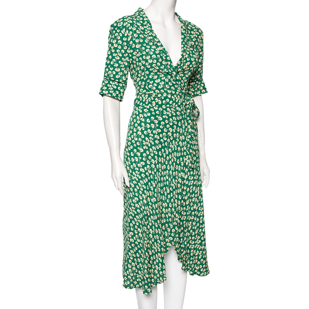 

Ganni Green Floral Printed Crepe Dalton Wrap Dress