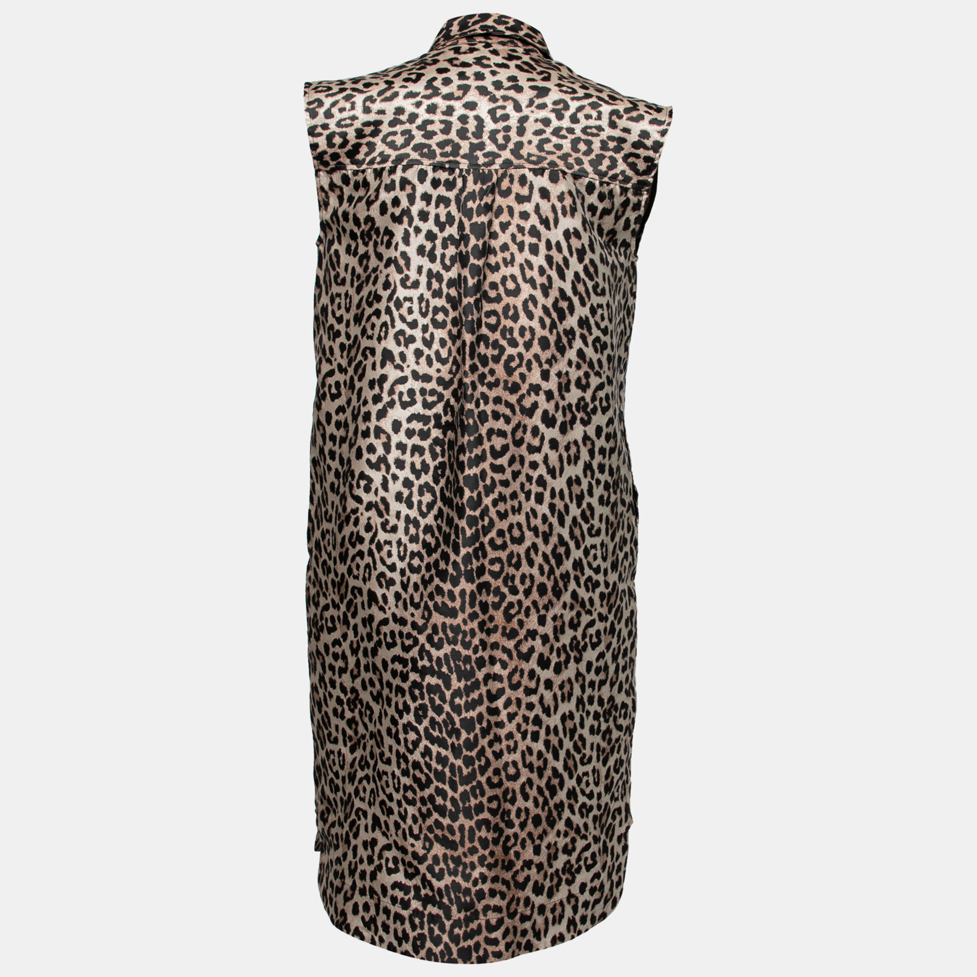 

Ganni Beige & Black Leopard Jacquard Sleeveless Shirt Dress