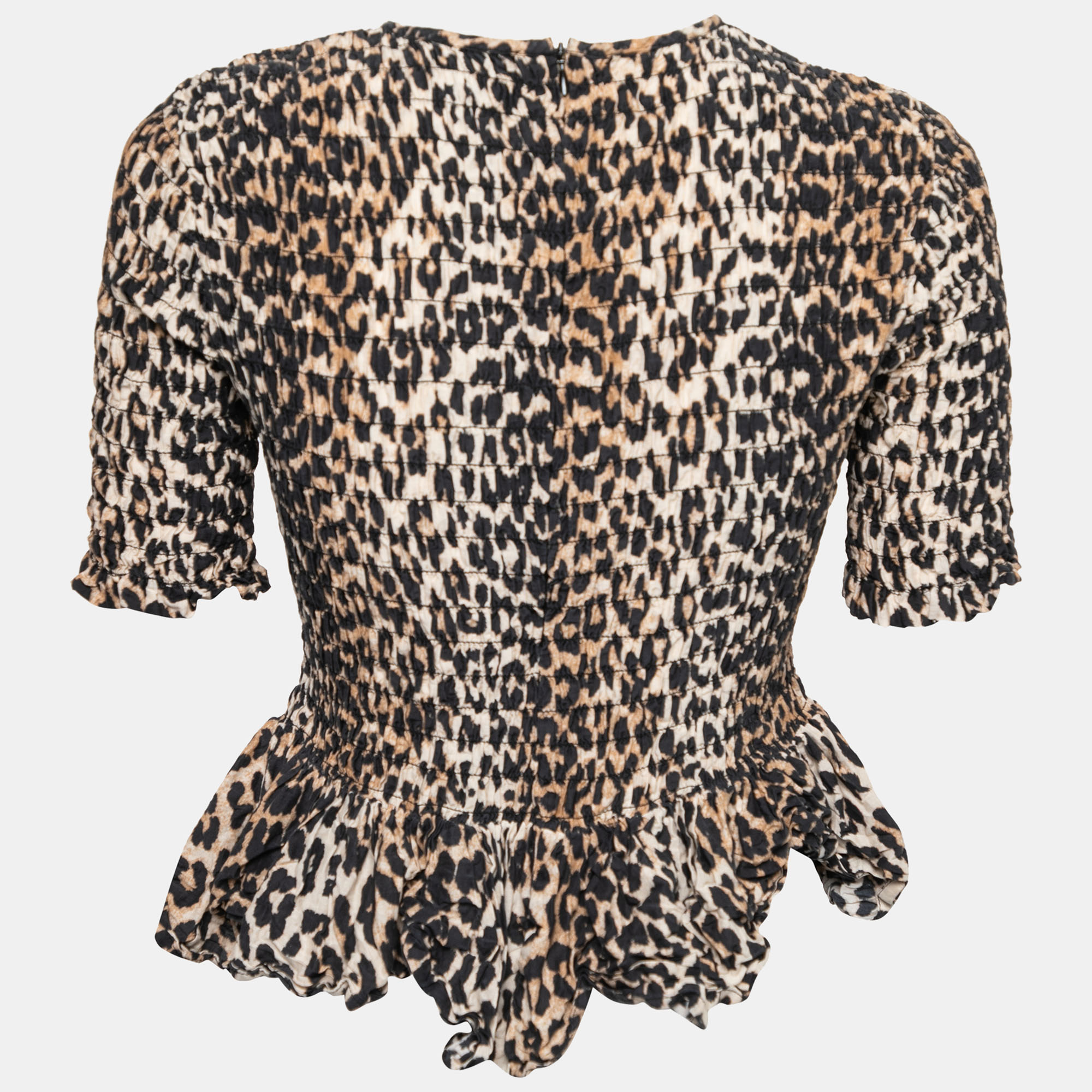 

Ganni Beige Animal Print Cotton Smocked Top