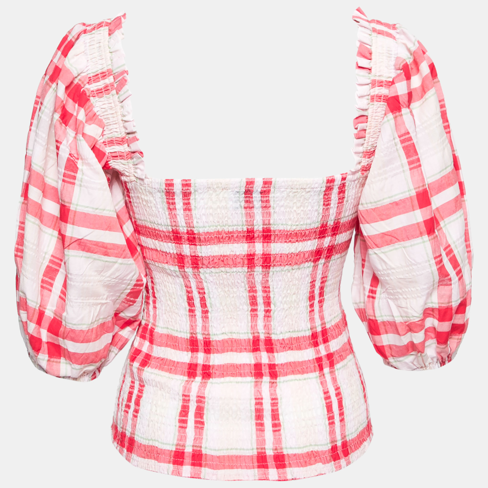 

Ganni Pink Checked Cotton Smocked Balloon Sleeve Top