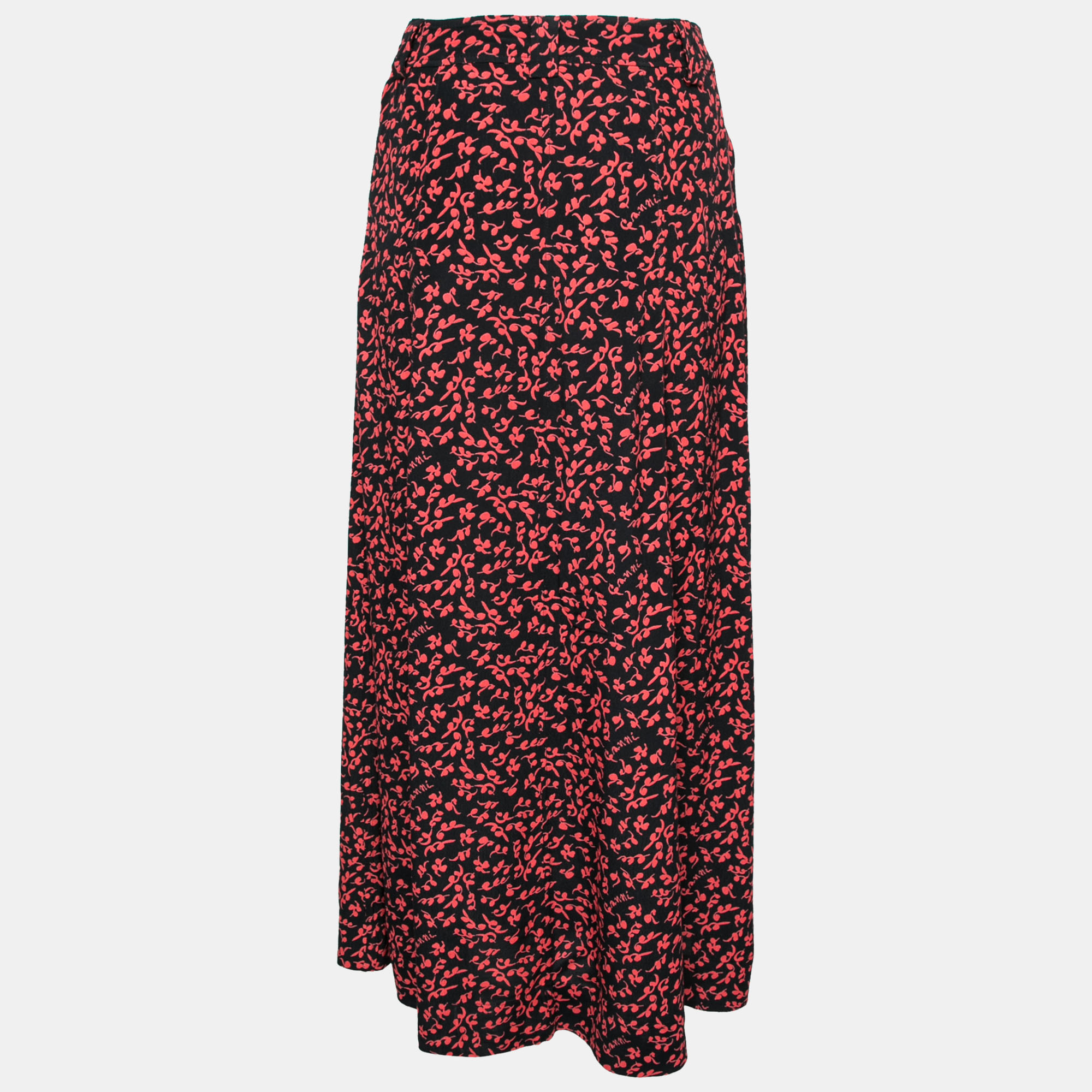 

Ganni Black & Red Printed Crepe Button Front Midi Skirt