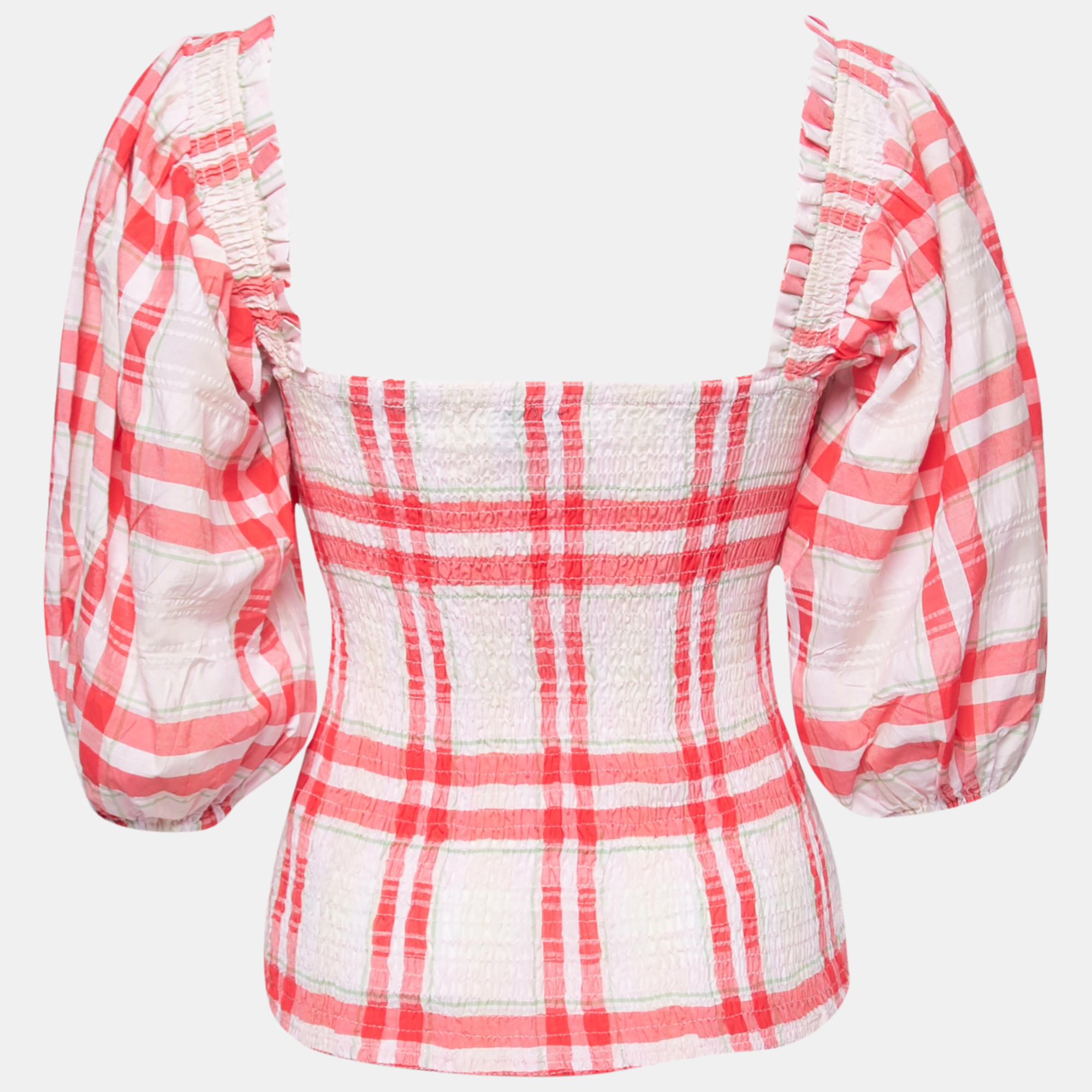 

Ganni Pink Checked Cotton Smocked Balloon Sleeve Top