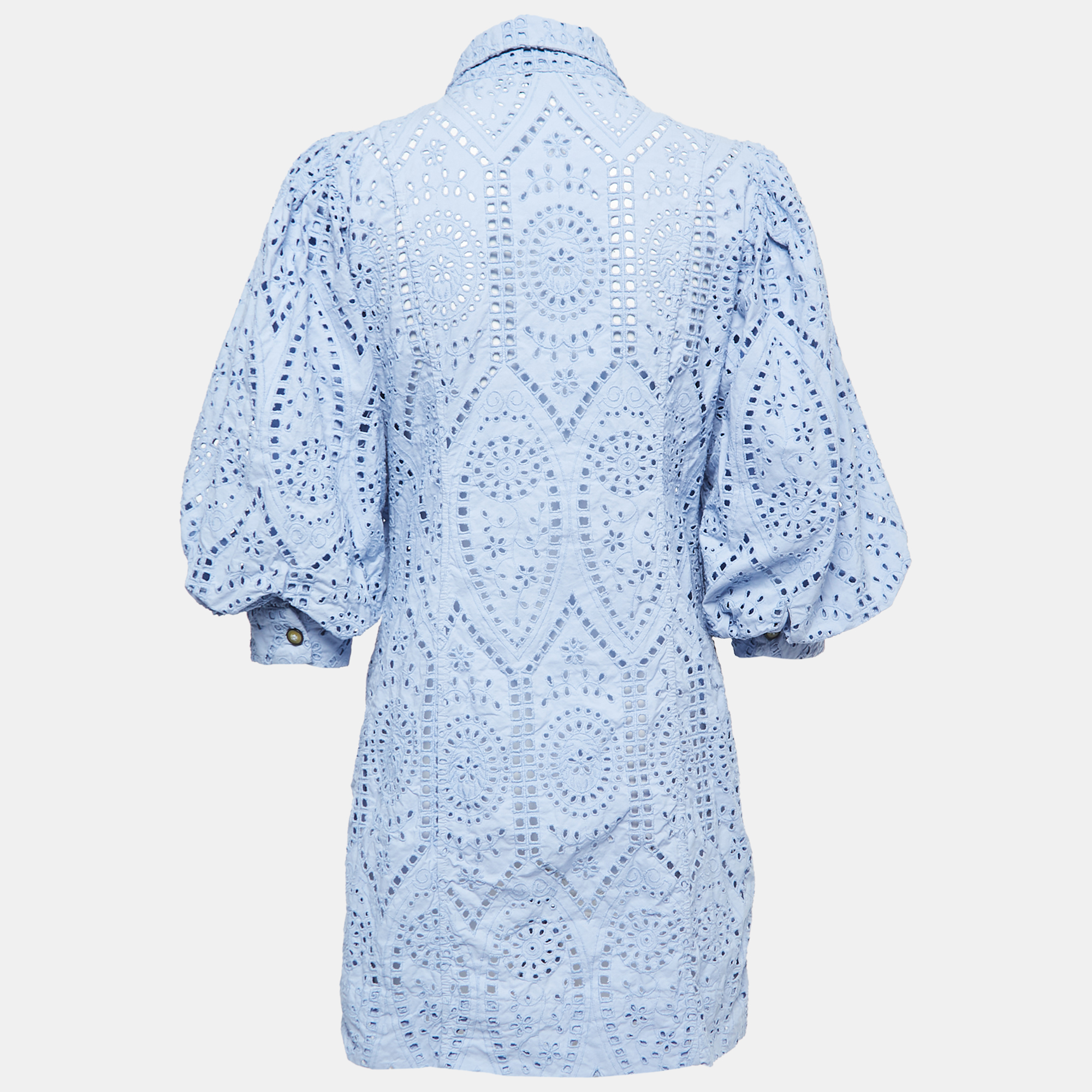 

Ganni Blue Eyelet Cotton Ballon Sleeve Shirt Dress