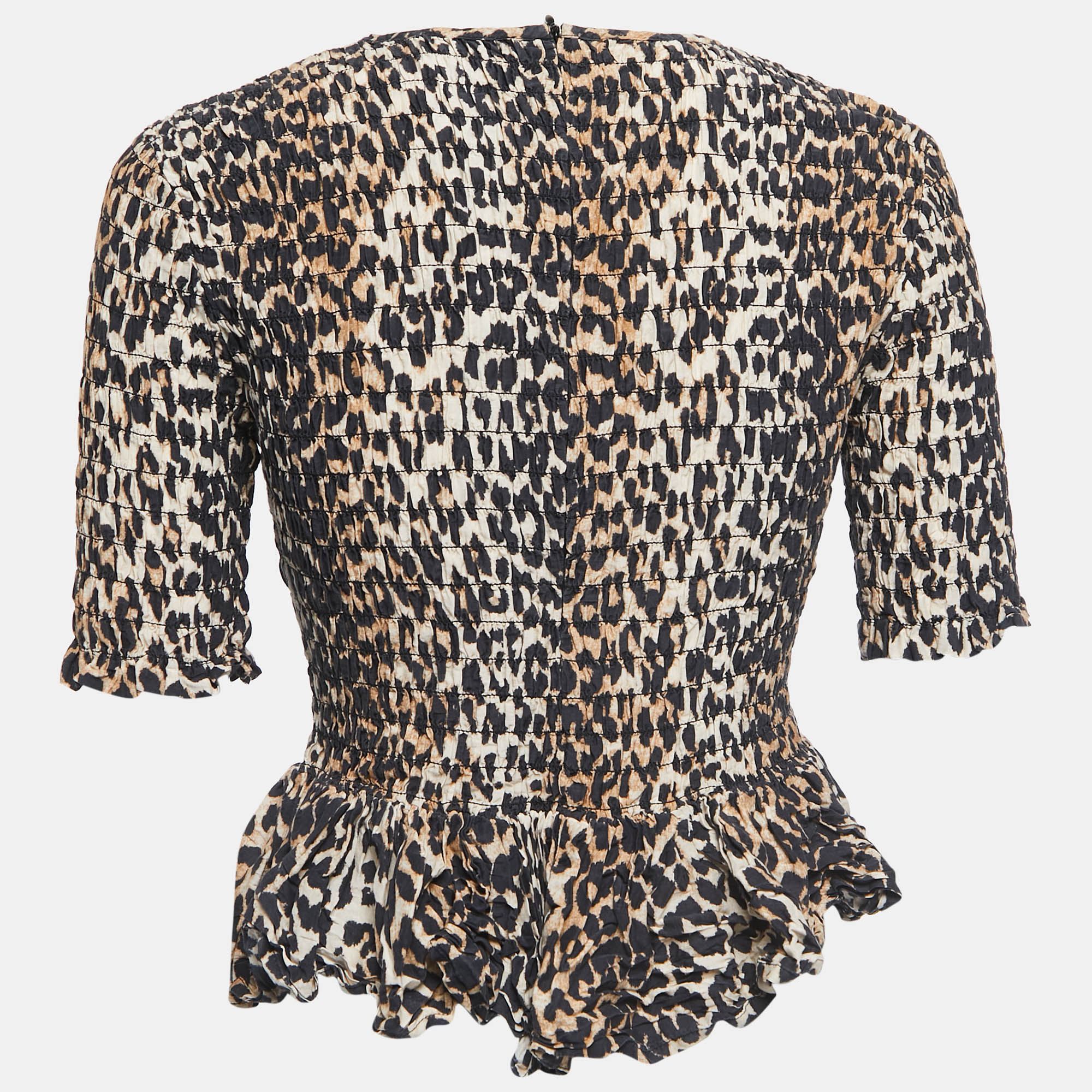 

Ganni Brown Leopard Print Cotton & Silk Smocked Peplum Blouse