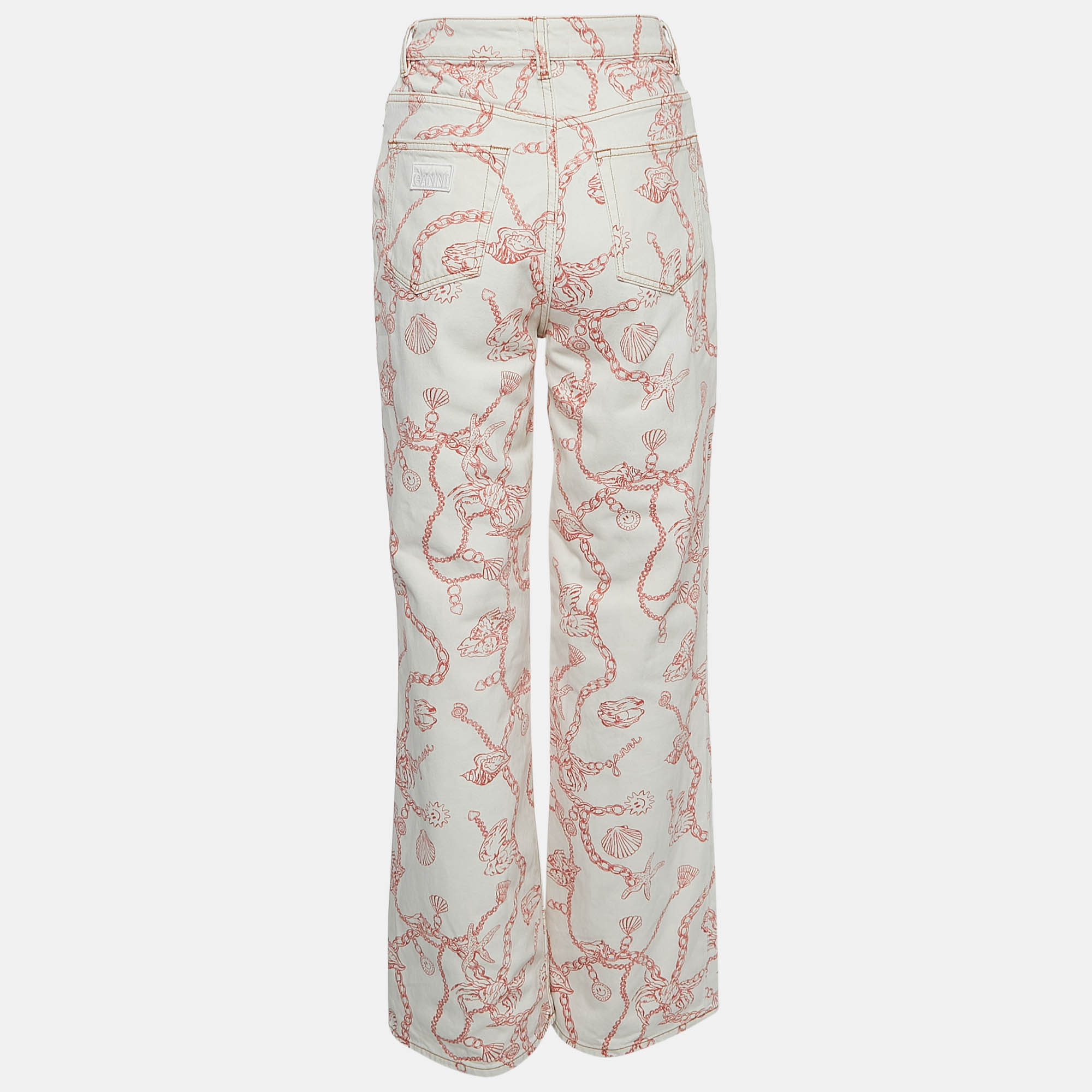 

Ganni Off White Chain Print Denim Wide Leg Jeans  Waist 26