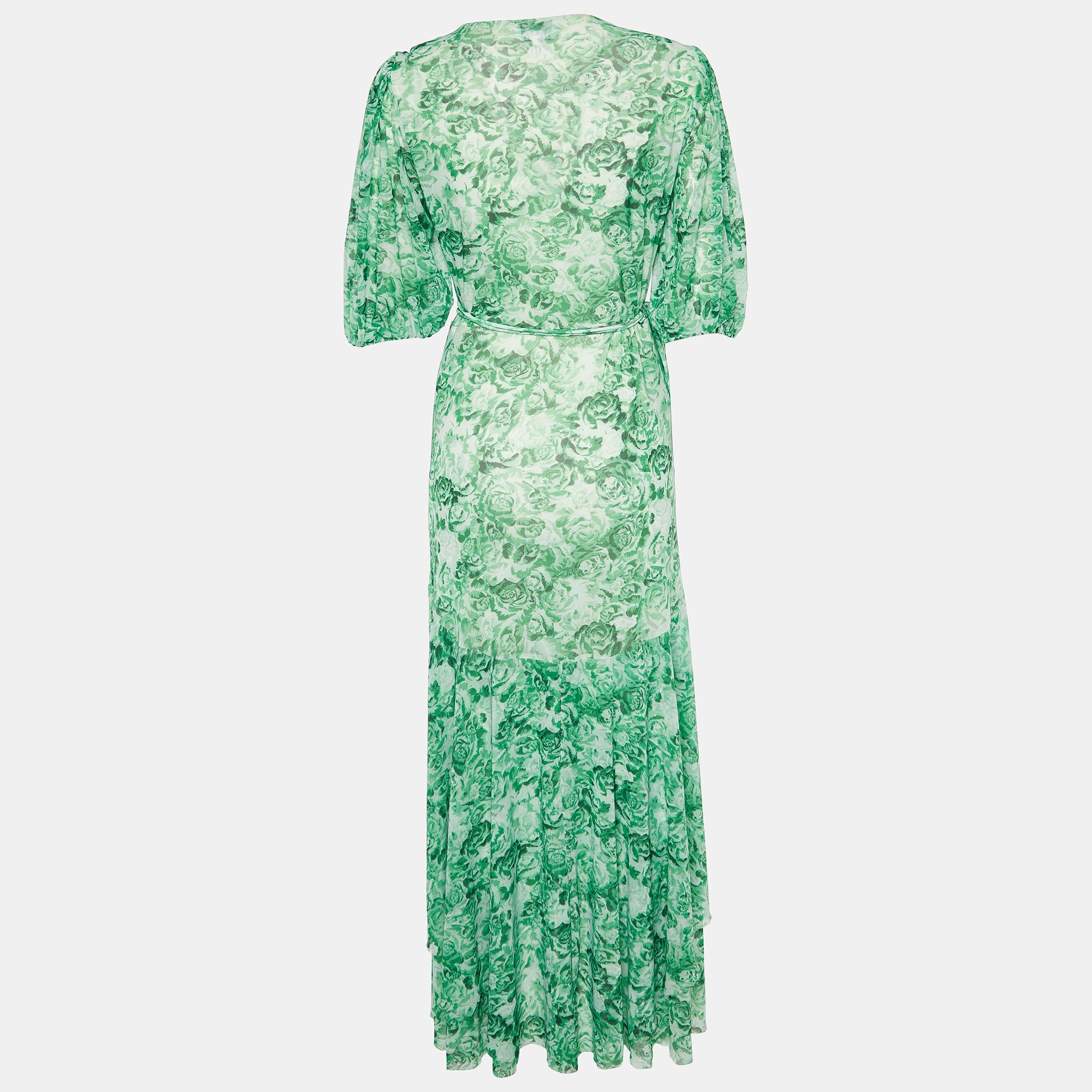 

Ganni Green Floral Print Stretch Knit Wrap Midi Dress