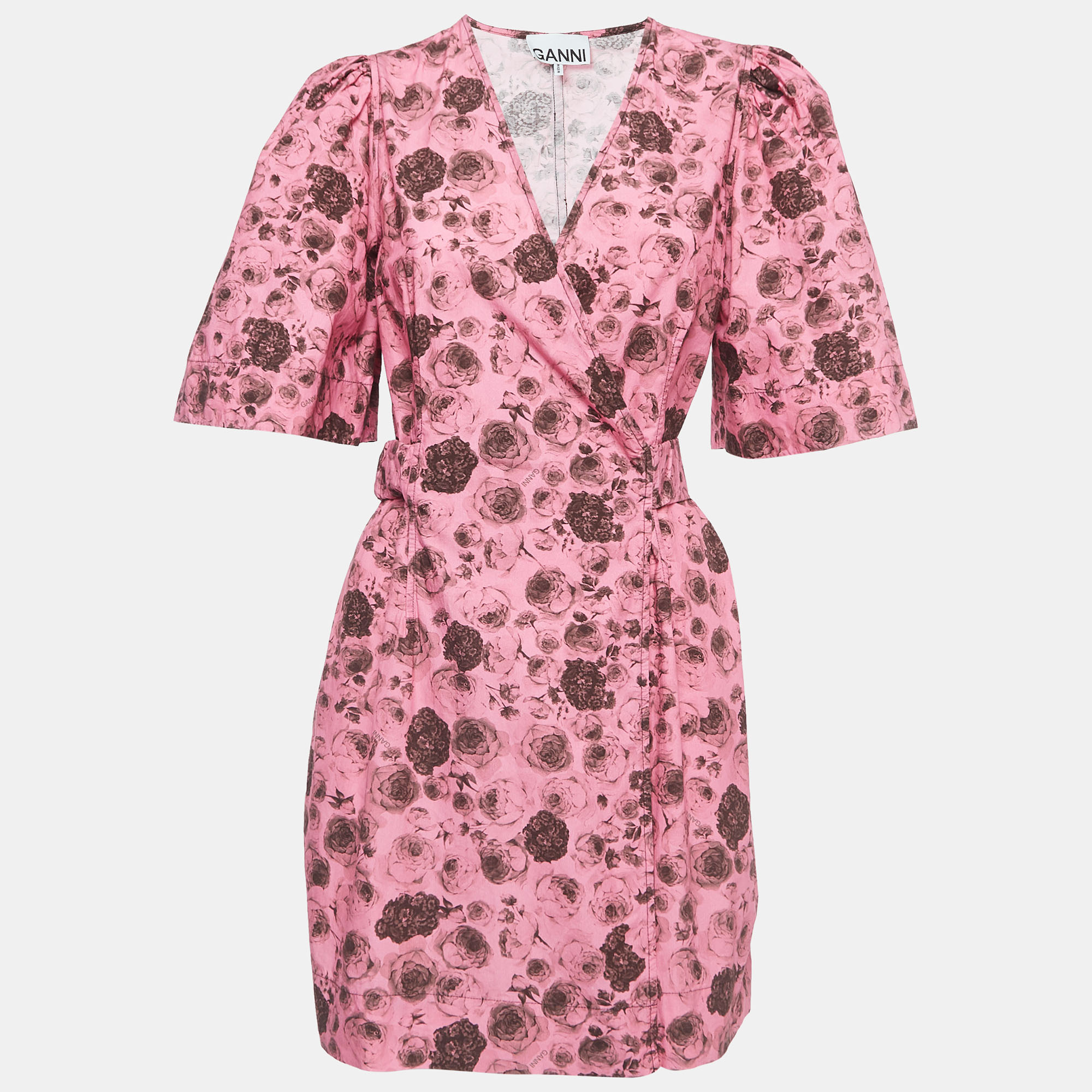Pre-owned Ganni Pink Floral Print Cotton Belted Wrap Mini Dress M