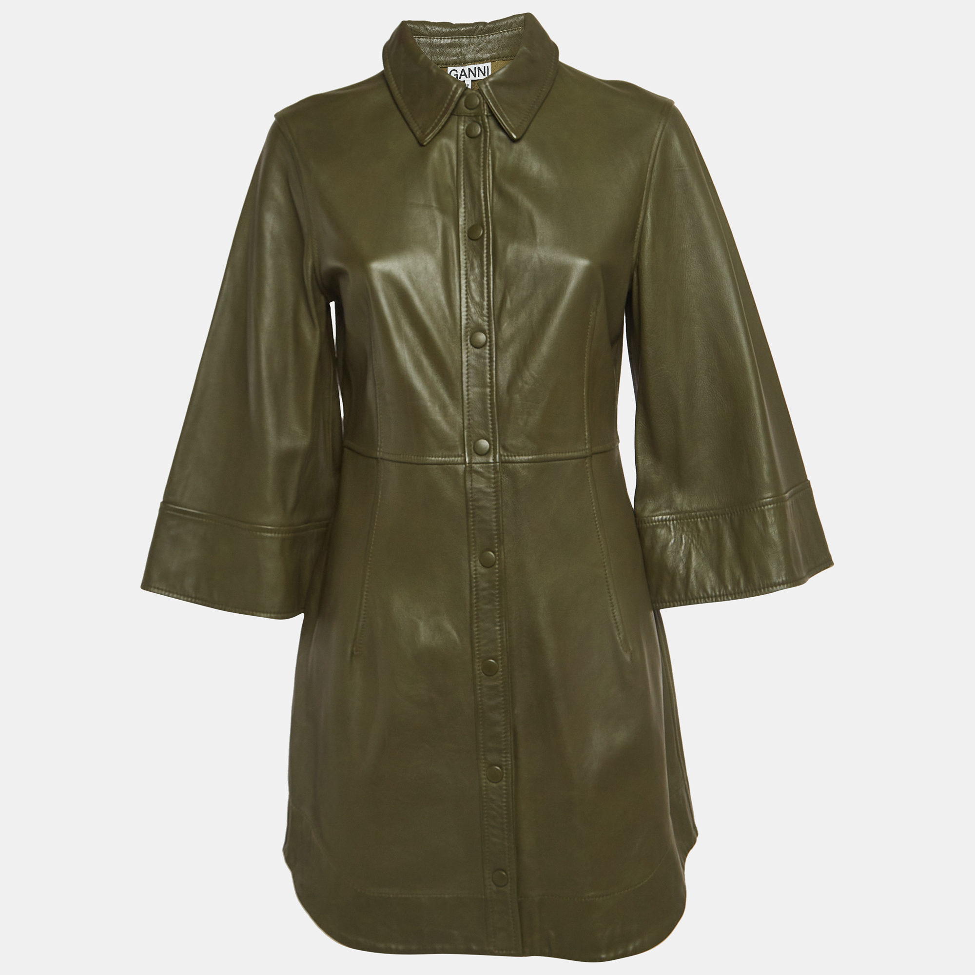 

Ganni Military Green Leather Buttoned Mini Dress S