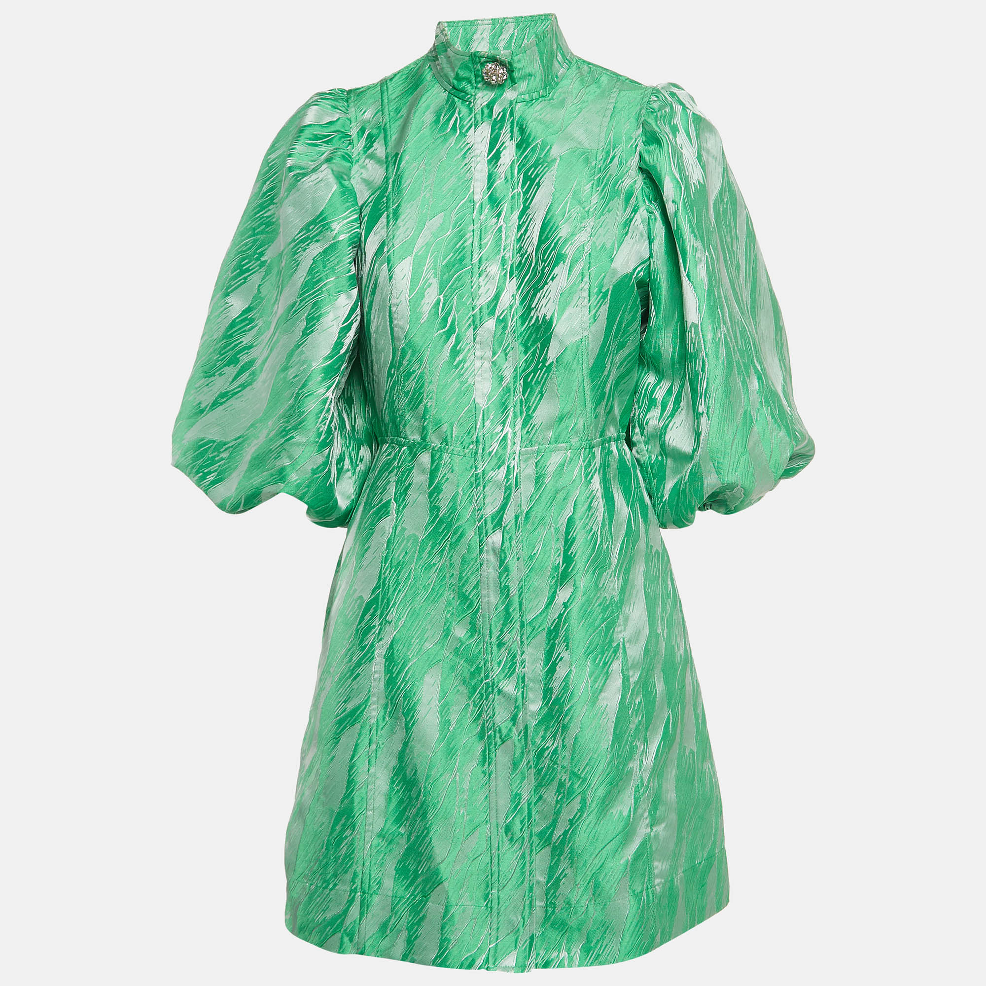 

Ganni Green Abstract Pattern Jacquard Puff Sleeve Mini Dress