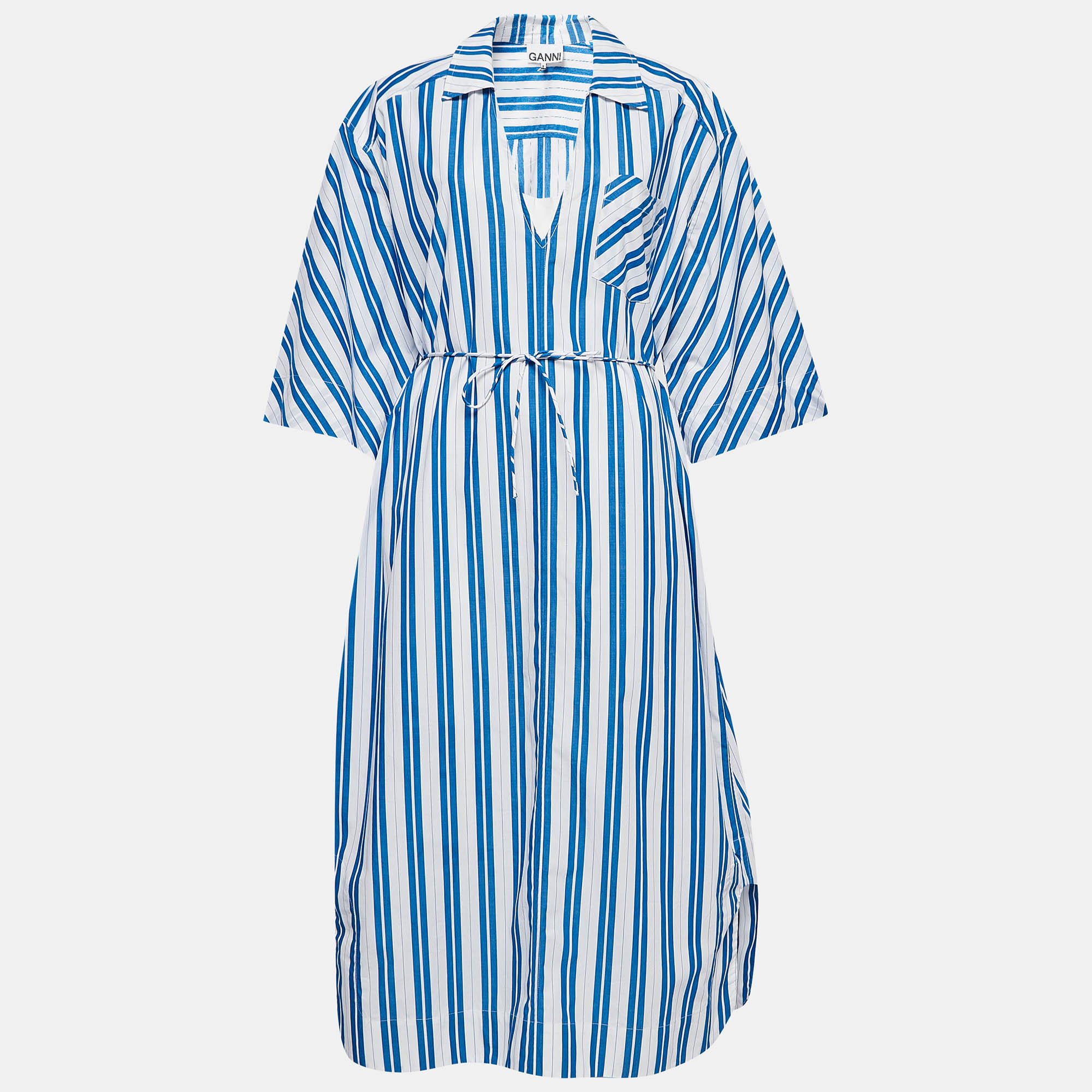 Pre Owned Ganni White/ Blue Striped Organic Cotton Wait Tie Shirt Dress L
