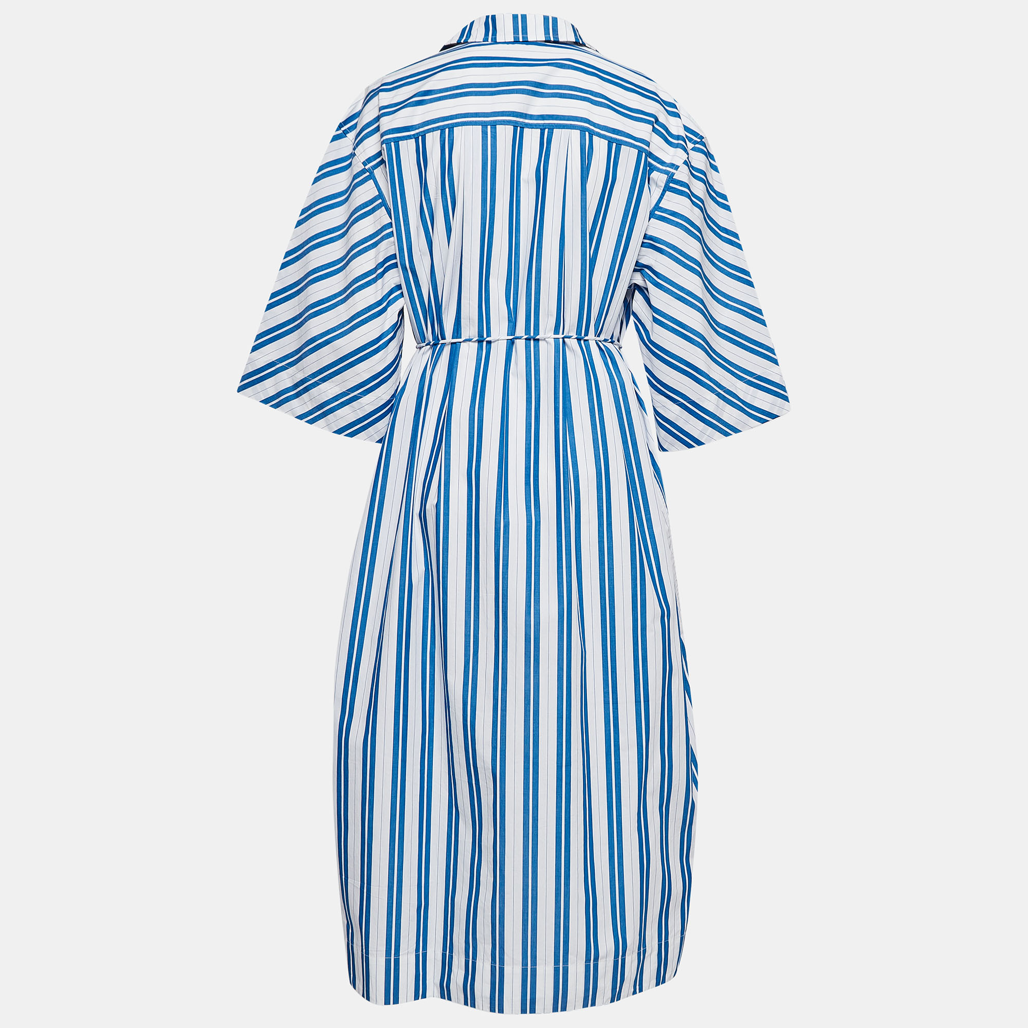 

Ganni White/ Blue Striped Organic Cotton Wait Tie Shirt Dress