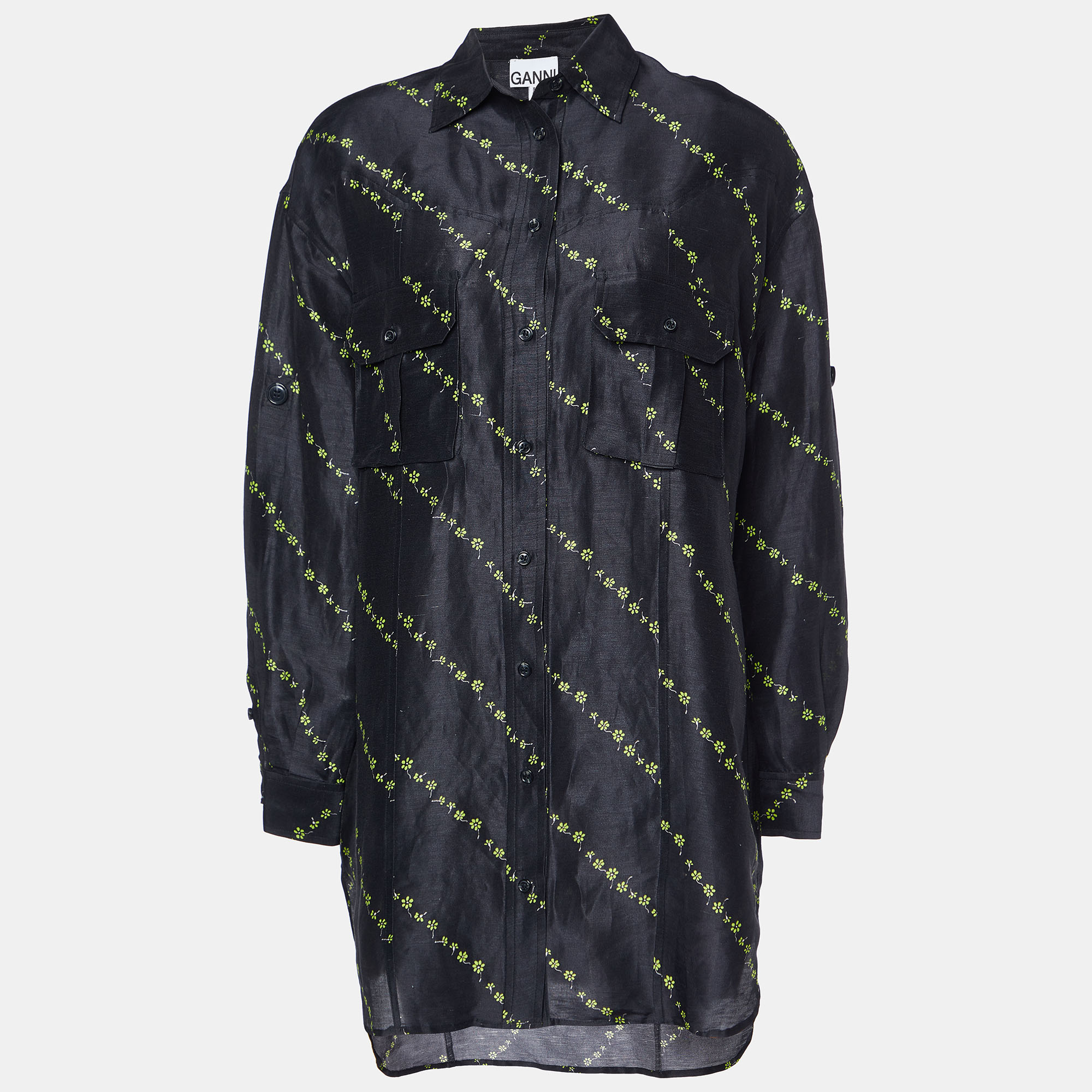 Pre-owned Ganni Black Floral Print Linen & Silk Button Front Shirt S