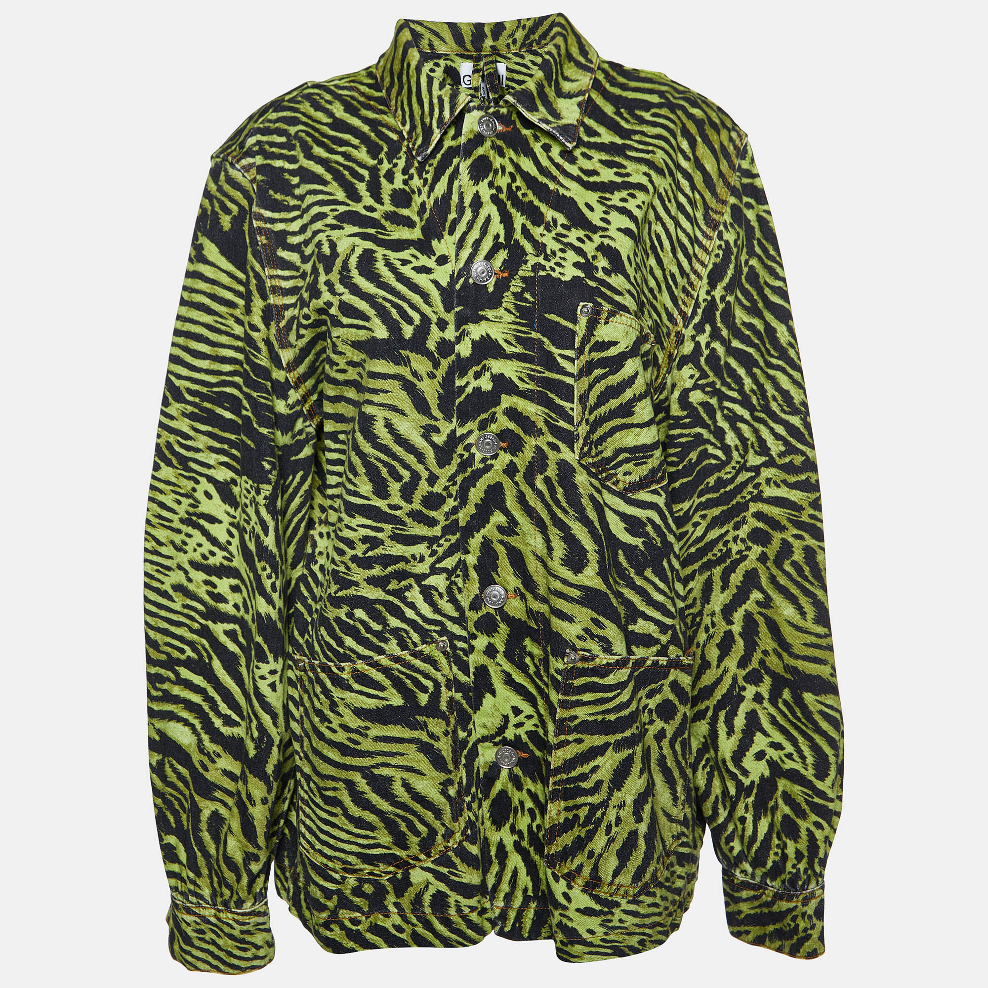 

Ganni Green Tiger Print Denim Buttoned Shirt Jacket