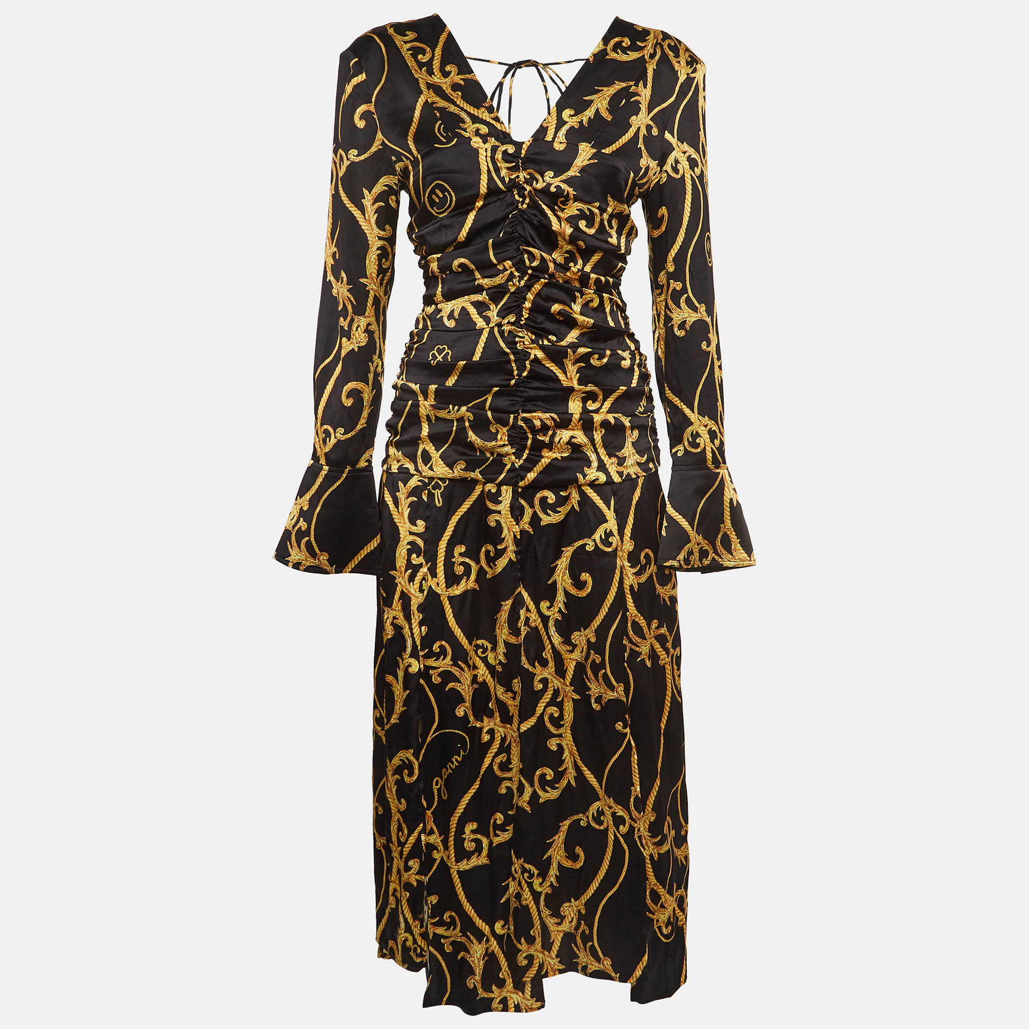 

Ganni Black/Gold Rope Print Satin Ruched Midi Dress