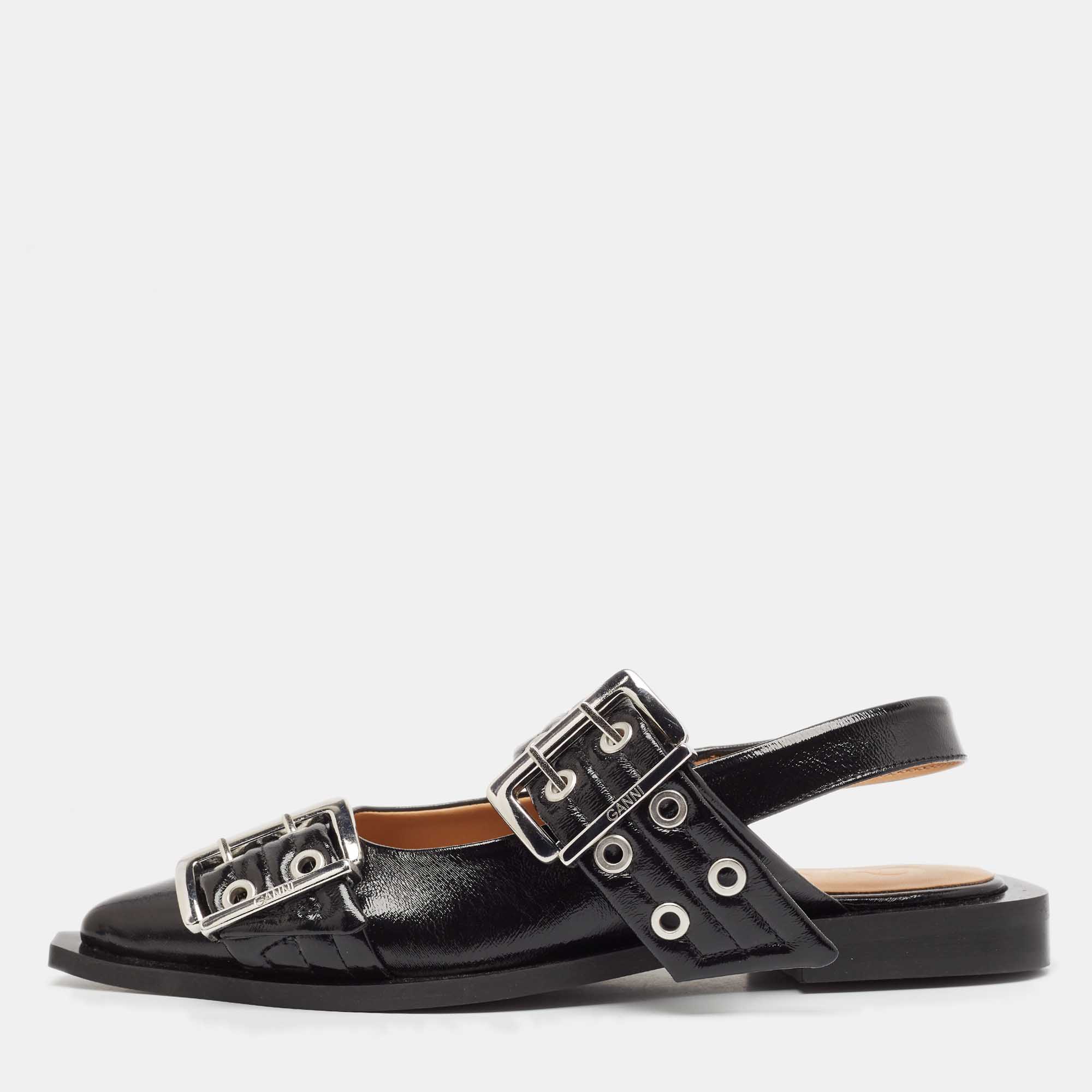 

Ganni Black Leather Buckle Slingback Flats Size