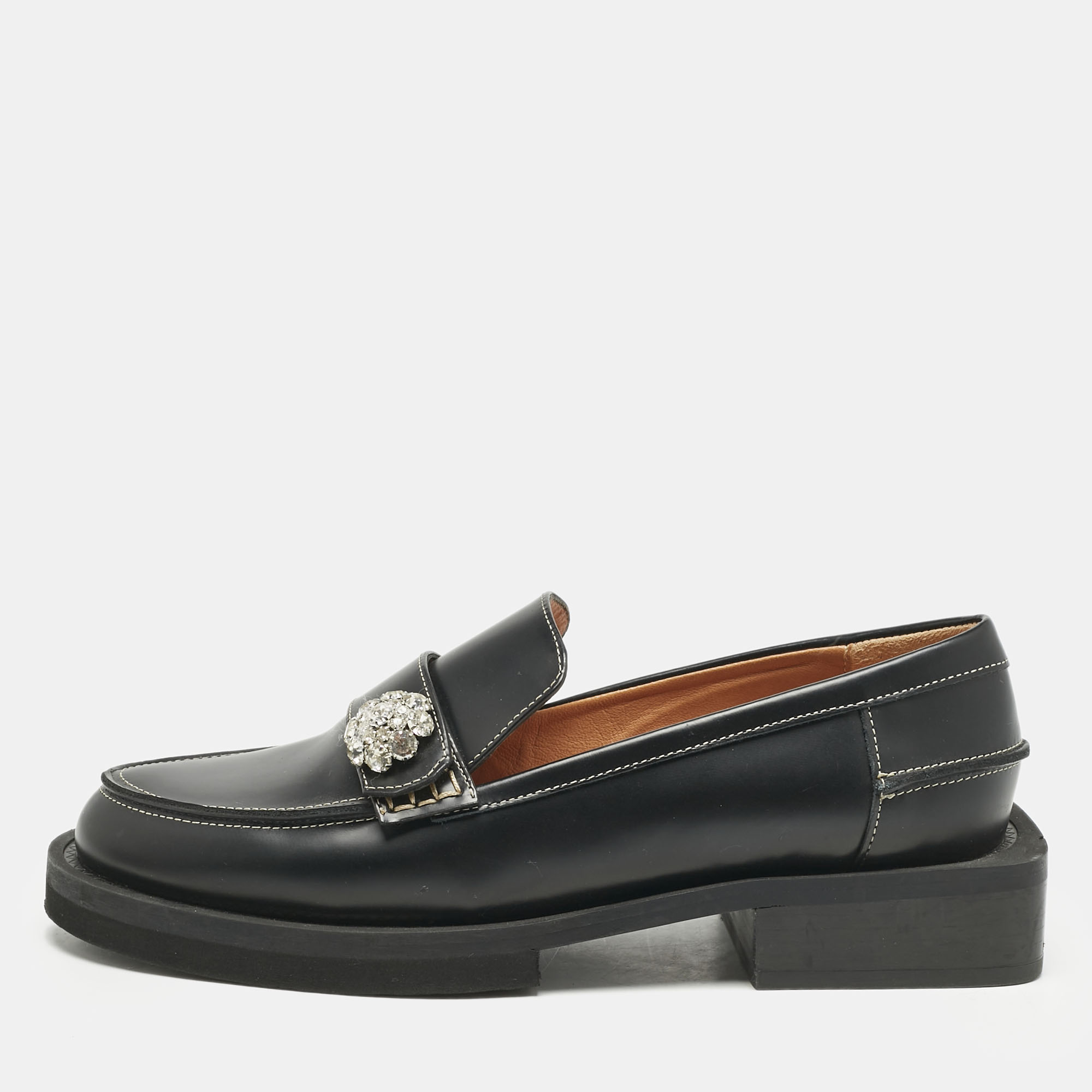 

Ganni Black Leather Crystal Embellished Slip On Loafers Size