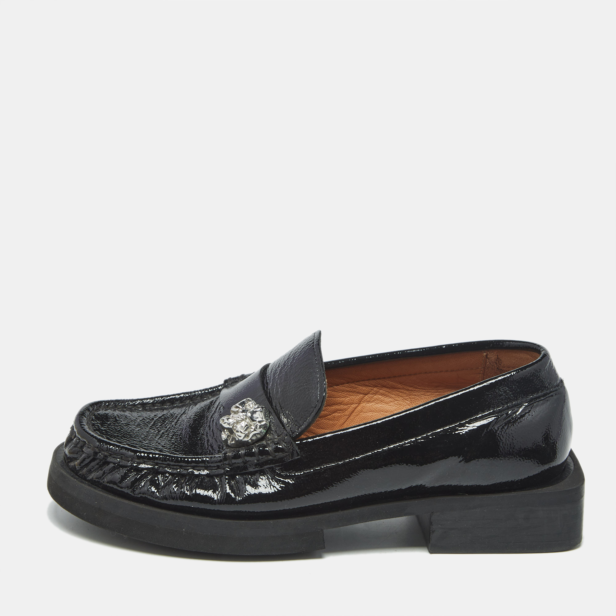 

Ganni Black Patent Leather Crystal Embellished Slip On Loafers Size