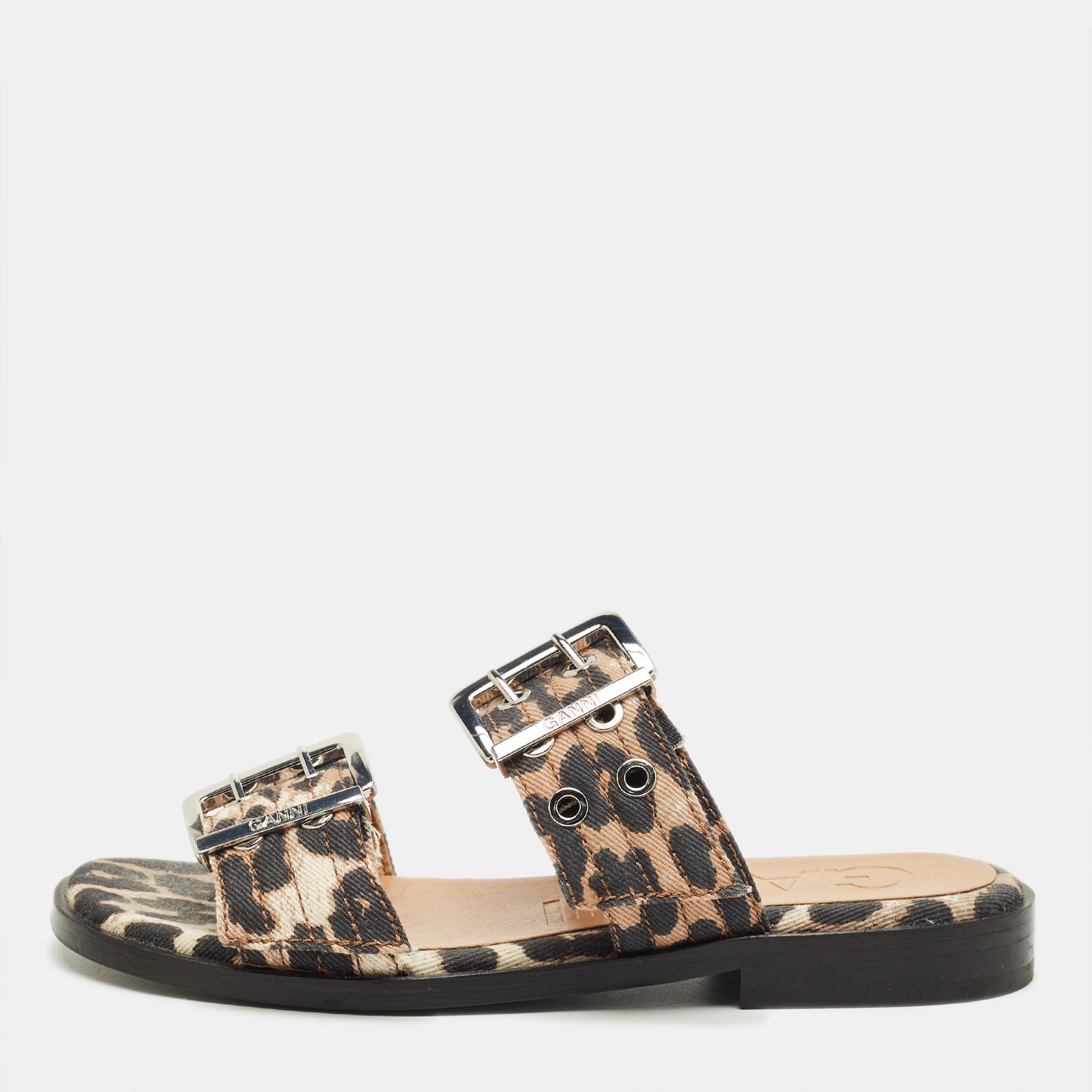 GANNI Pre-owned Brown Leopard Print Denim Feminine Buckle Sandals Size 38