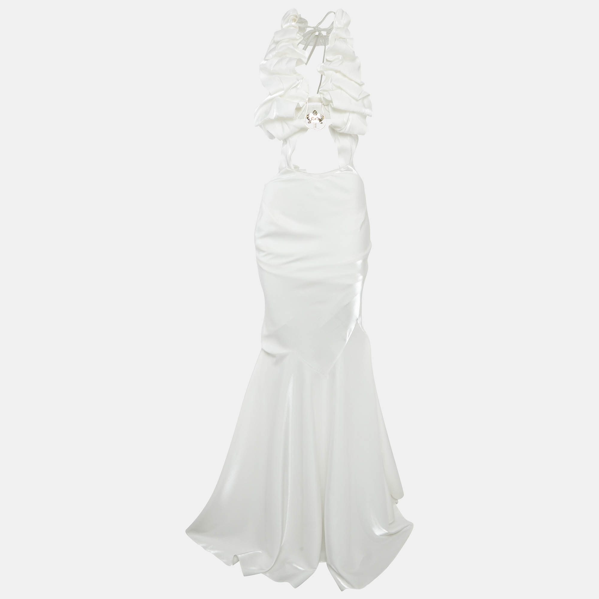 

Genny White Satin Ruched Orchid Detail Long Dress S
