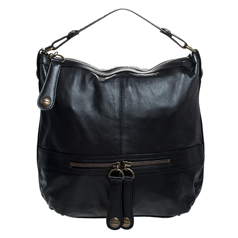 Gerard Darel Black Leather Midday Midnight Hobo 