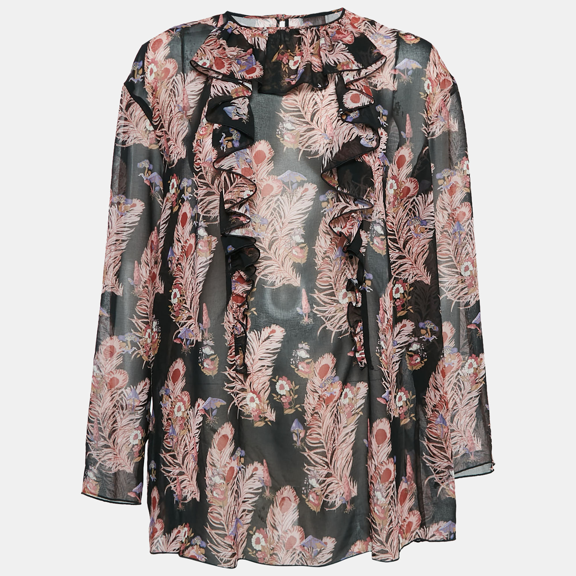 Pre-owned Giamba Black Feather-floral Print Chiffon Ruffled Blouse L