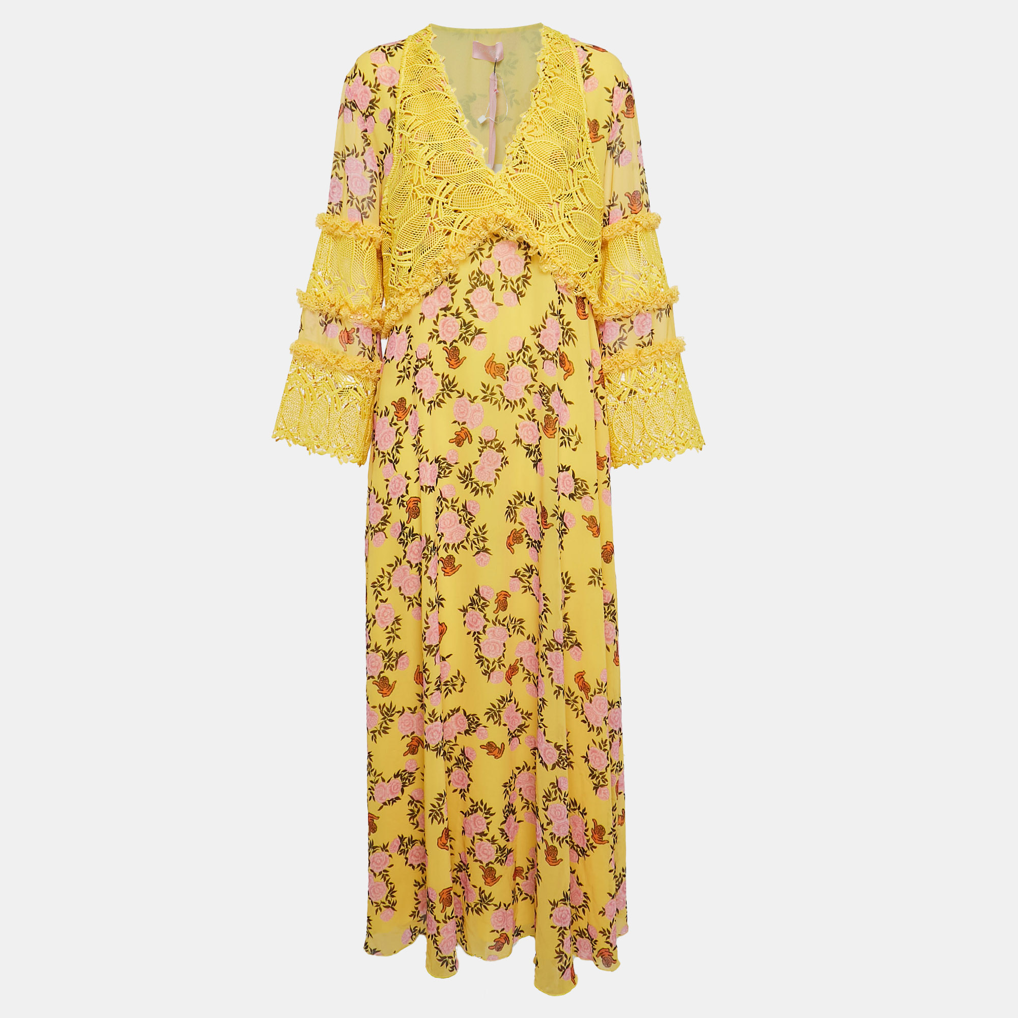 Pre-owned Giamba Yellow Floral Print Chiffon And Lace Cut-out Maxi Dress M