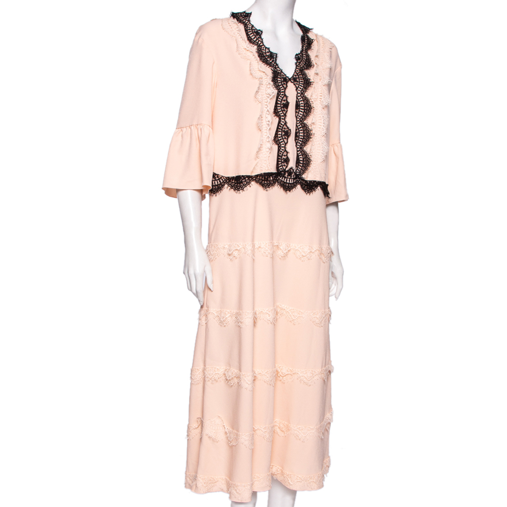 

Giamba Pale Pink Crepe And Lace Trimmed V-Neck Midi Dress