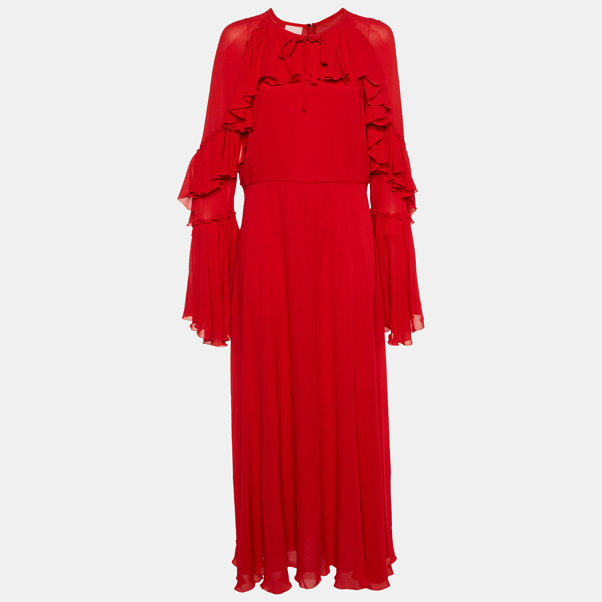 

Giamba Red Crepe Ruffled Maxi Dress XL