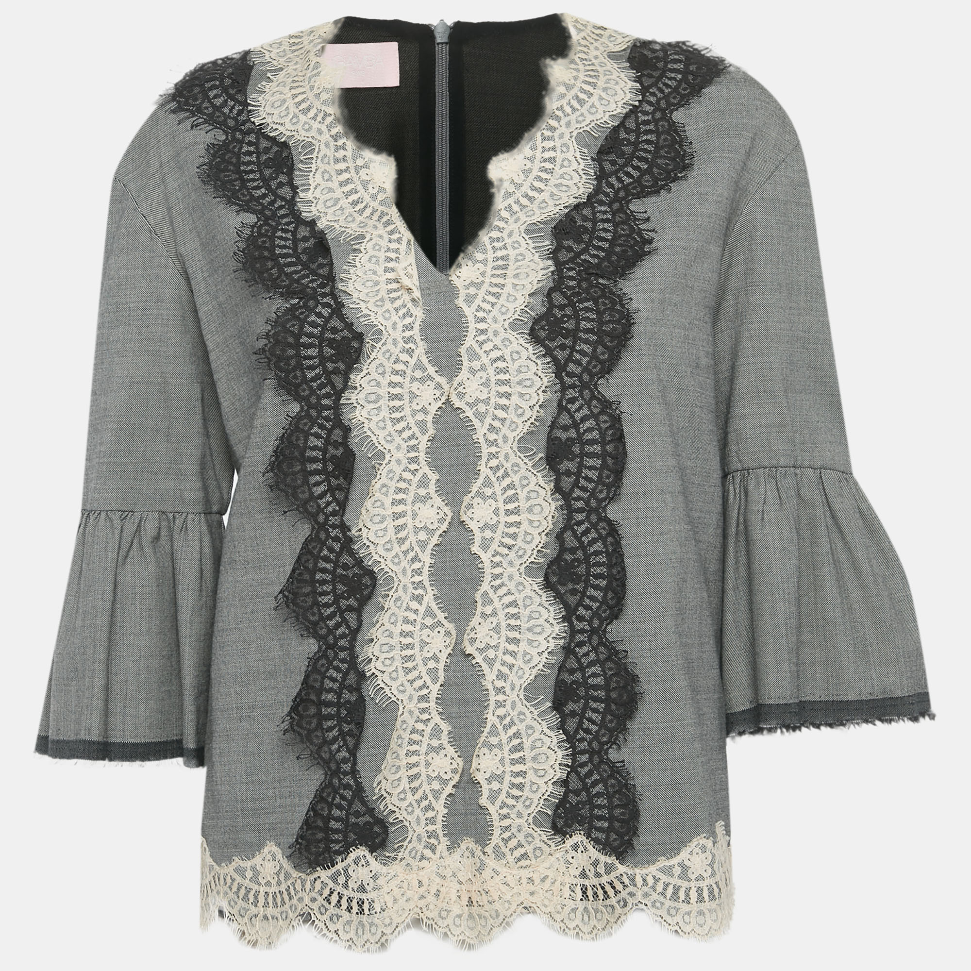 

Giamba Grey Wool & Cotton Lace Detail Top S