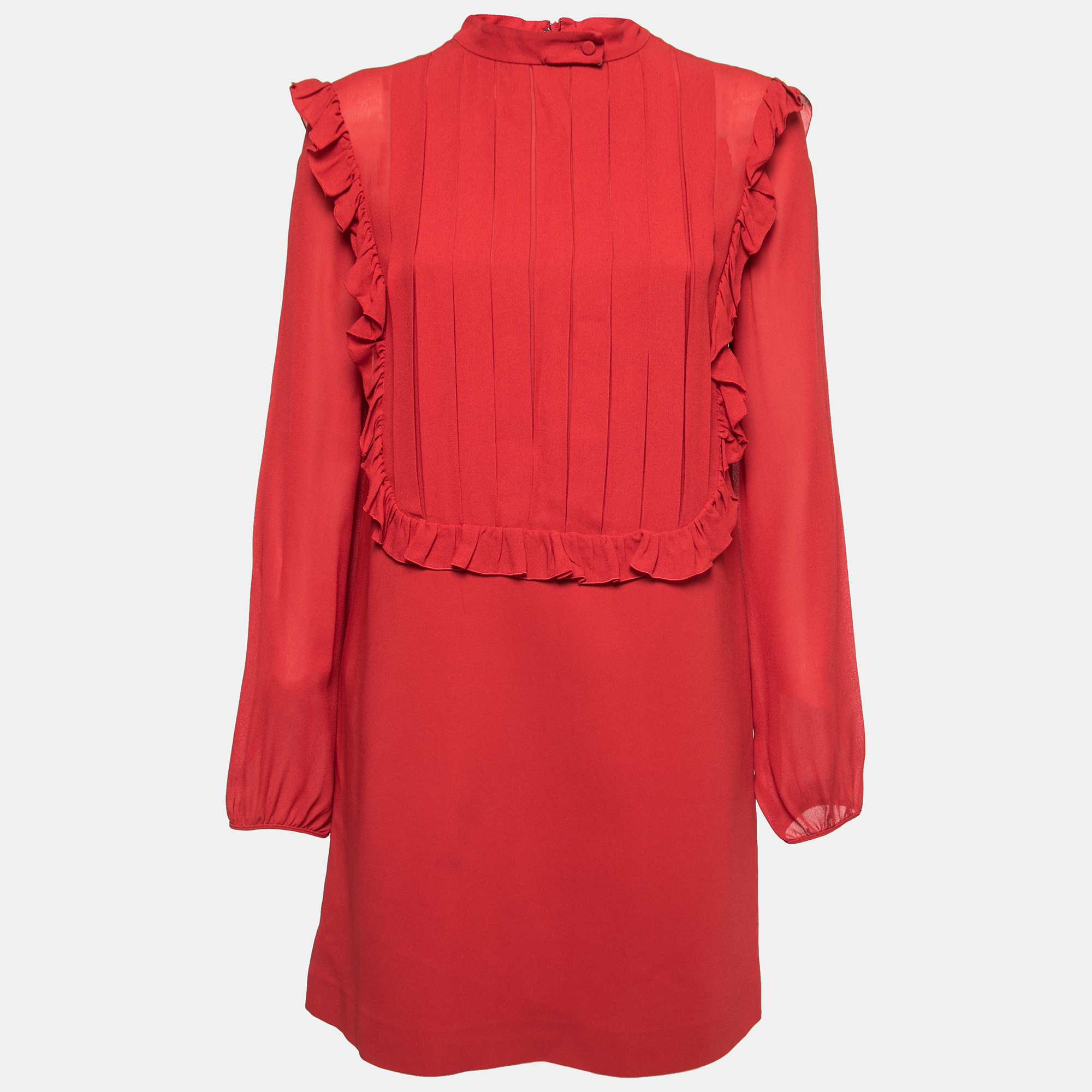 

Giamba Red Crepe Pleated Ruffle Detail Shift Dress