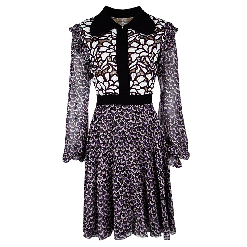 Pre Owned Giambattista Valli Black Printed Silk Georgette Floral Embroidered Ruffled Dress XL