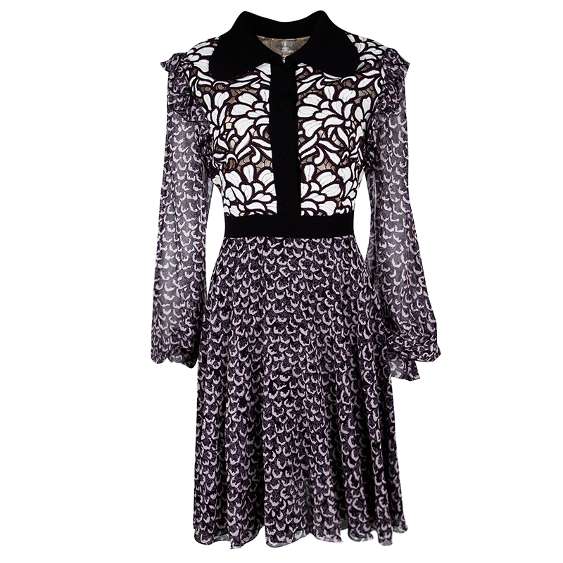 فستان جيامباتيستا فالي حرير جورجيت مطبوع تطريز زهور مكشكش أسود XL