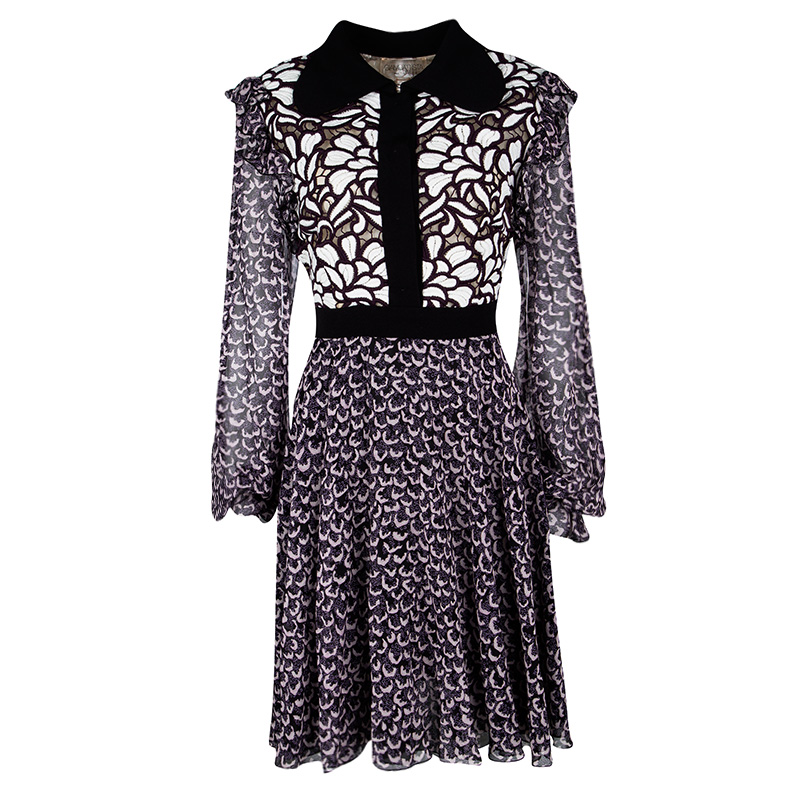 Pre Owned Giambattista Valli Black Printed Silk Georgette Floral Embroidered Ruffled Dress L