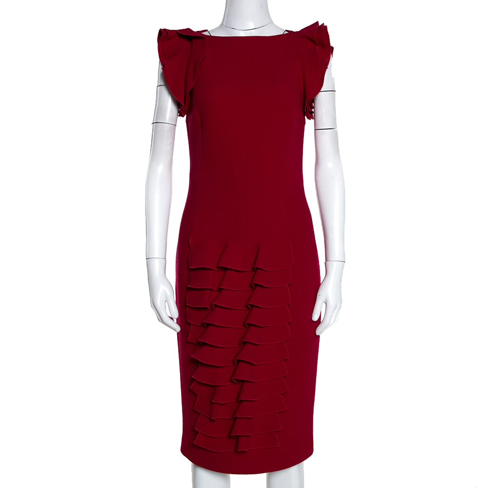 Giambattista Valli Red Crepe Wool Ruffled Detail Pencil Dress S