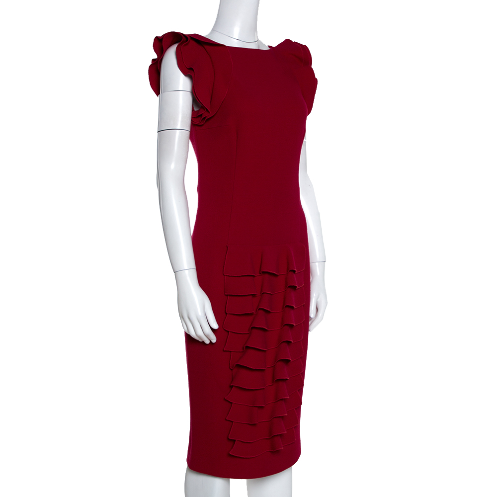 

Giambattista Valli Red Crepe Wool Ruffled Detail Pencil Dress