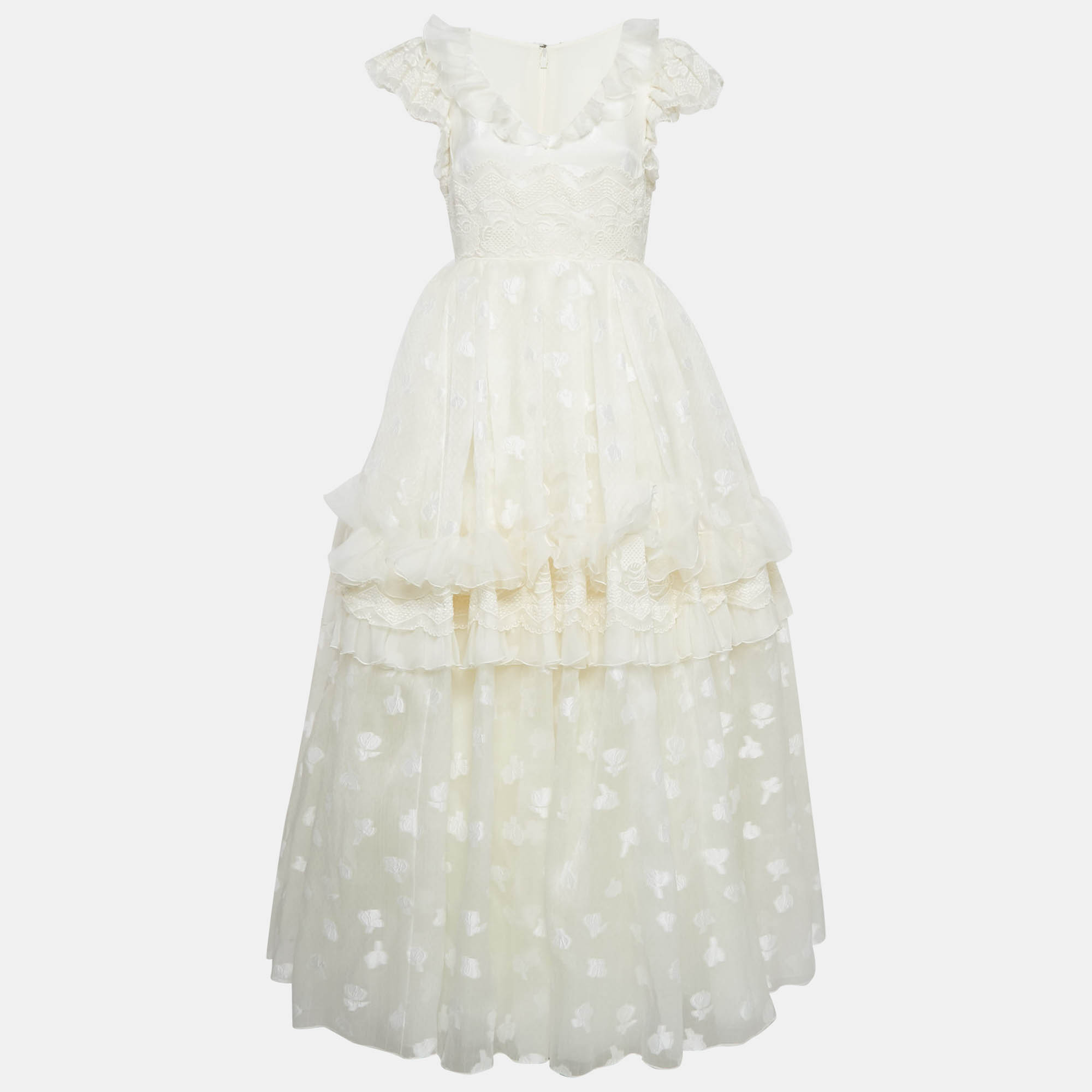 

Giambattista Valli White Silk Lace Trim Ruffled Gown M