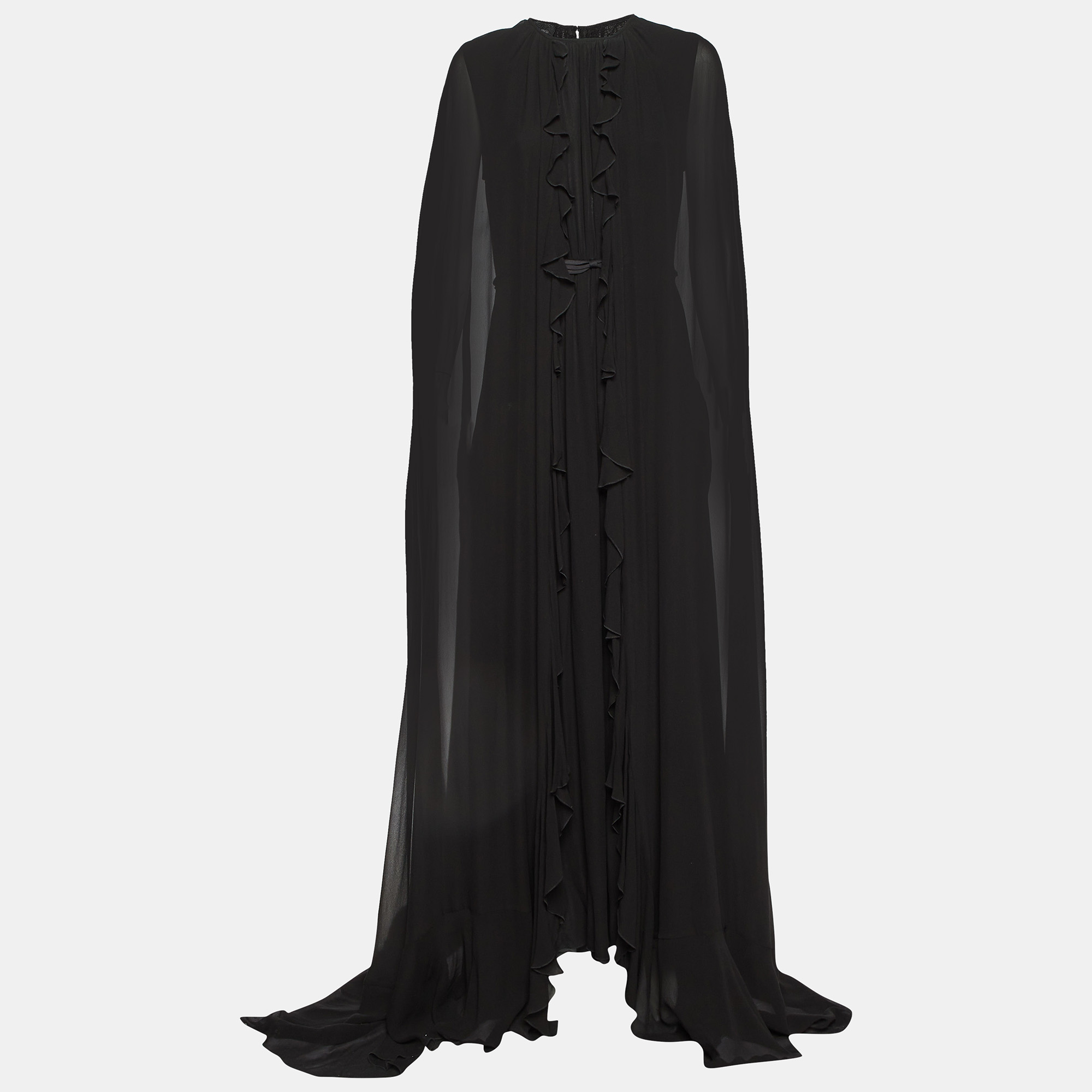 

Giambattista Valli Black Silk Ruffled Cape Maxi Dress L