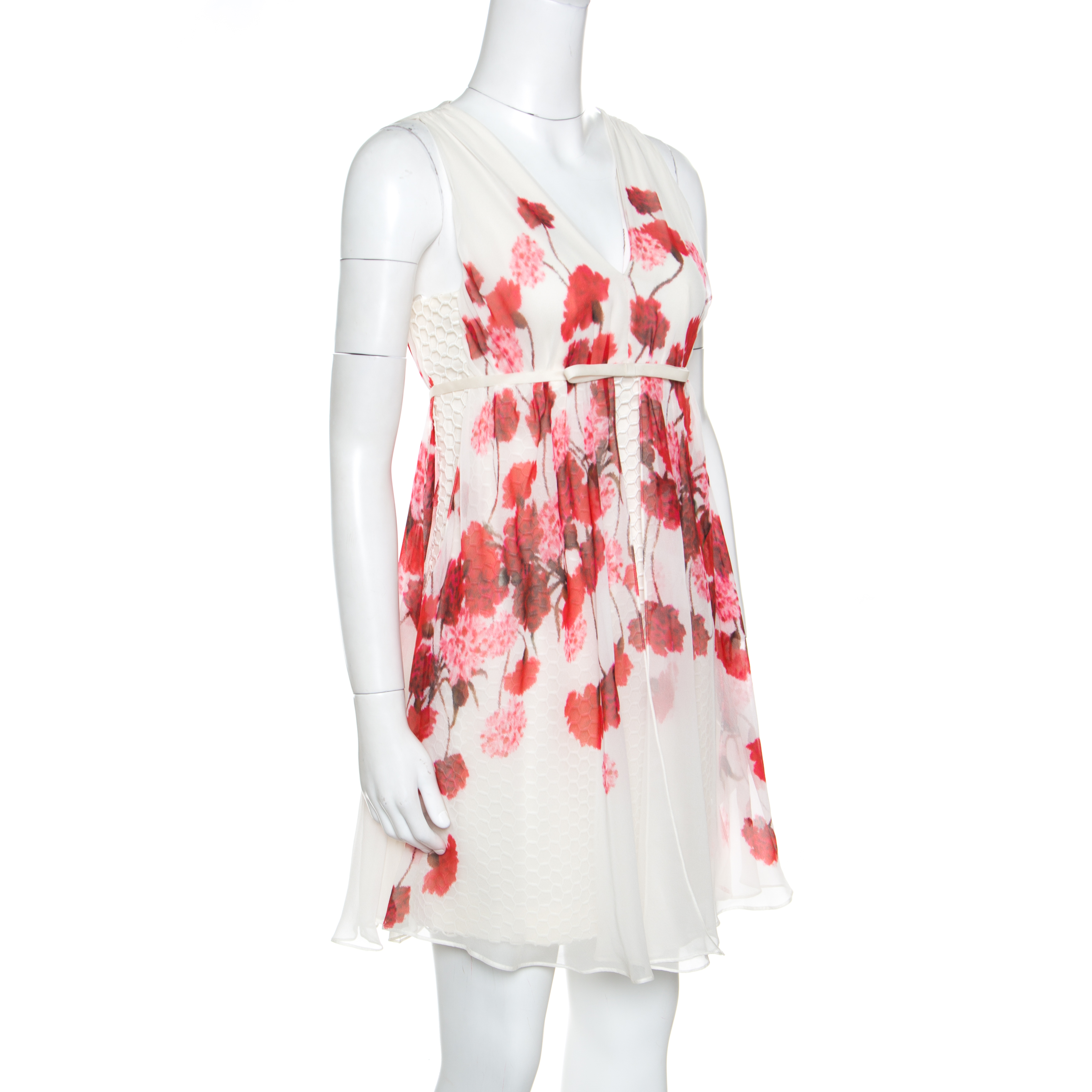 

Giambattista Off White Floral Printed Silk Lace Underlay Sleeveless Dress
