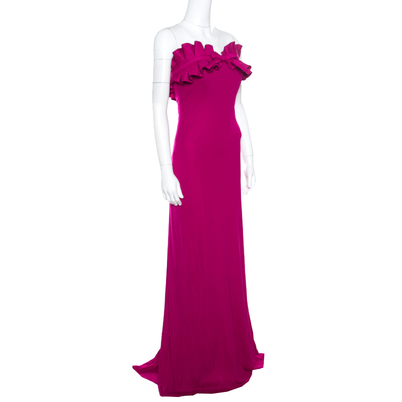 

Giambattista Valli Pink Silk Jersey Ruffled Bodice Strapless Gown