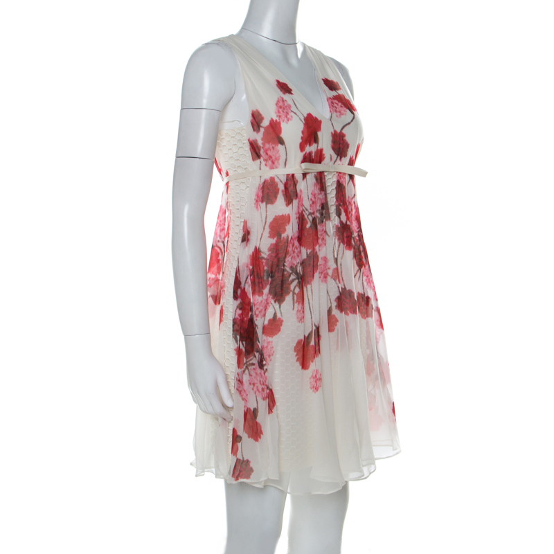 

Giambattista Valli Off White Floral Printed Silk Lace Underlay Sleeveless Dress