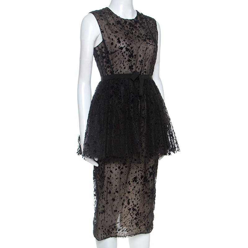 

Giambattista Valli Black Tulle Flocked Peplum Midi Dress