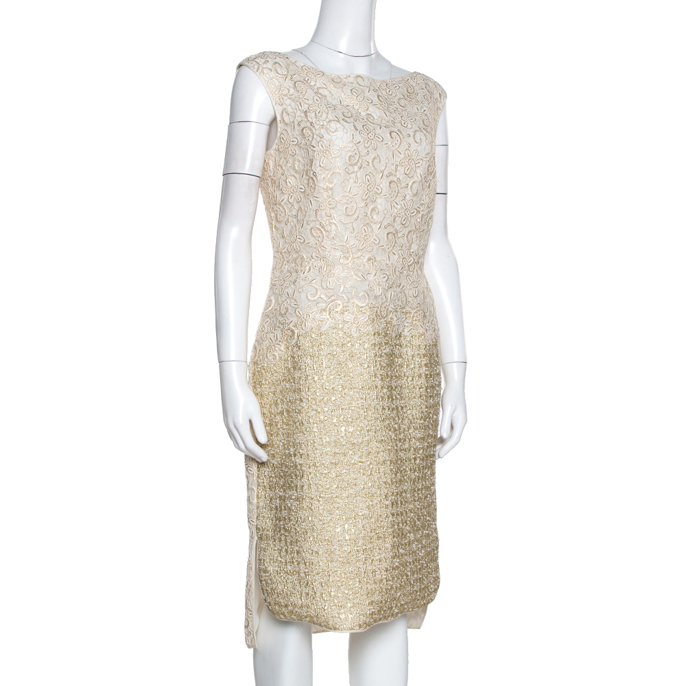 

Giambattista Valli Gold & Cream Floral Lace Paneled Sheath Dress