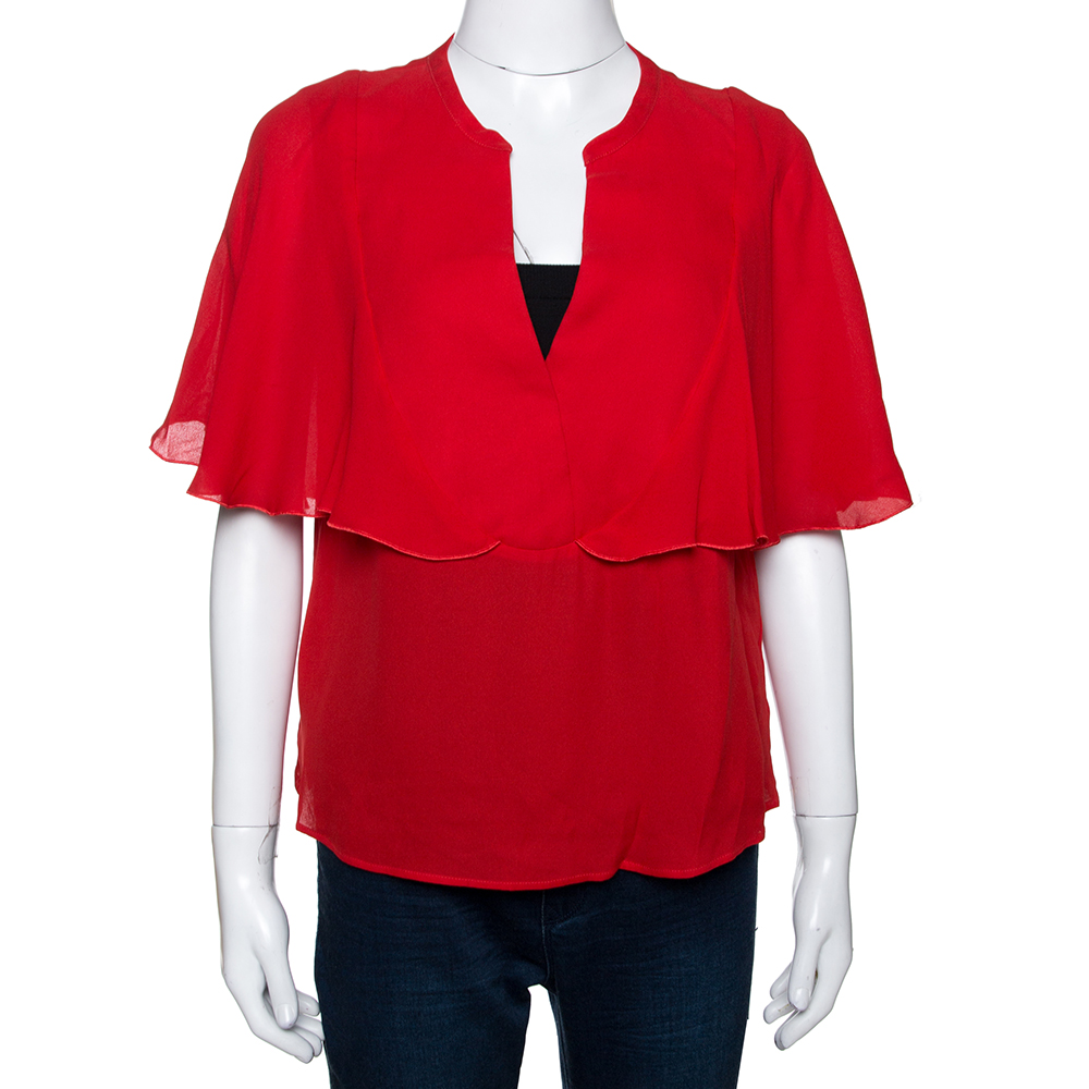 Pre-owned Giambattista Valli Red Crepe Ruffled Cape Detail Top M